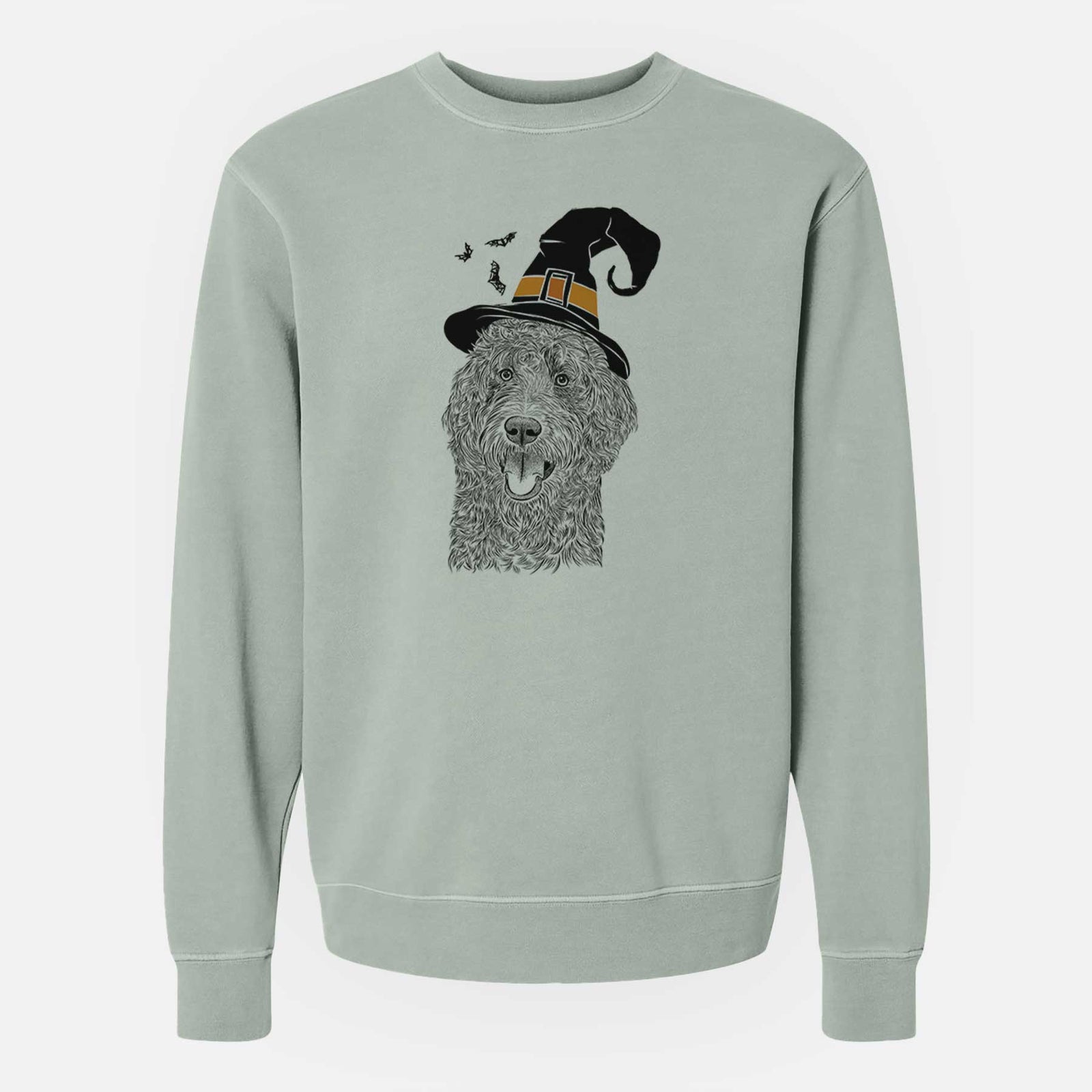 Hand-drawn sketch of Murr Dog the Labradoodle wearing a witch hat on a Sage Unisex pigment dyed crew sweatshirt