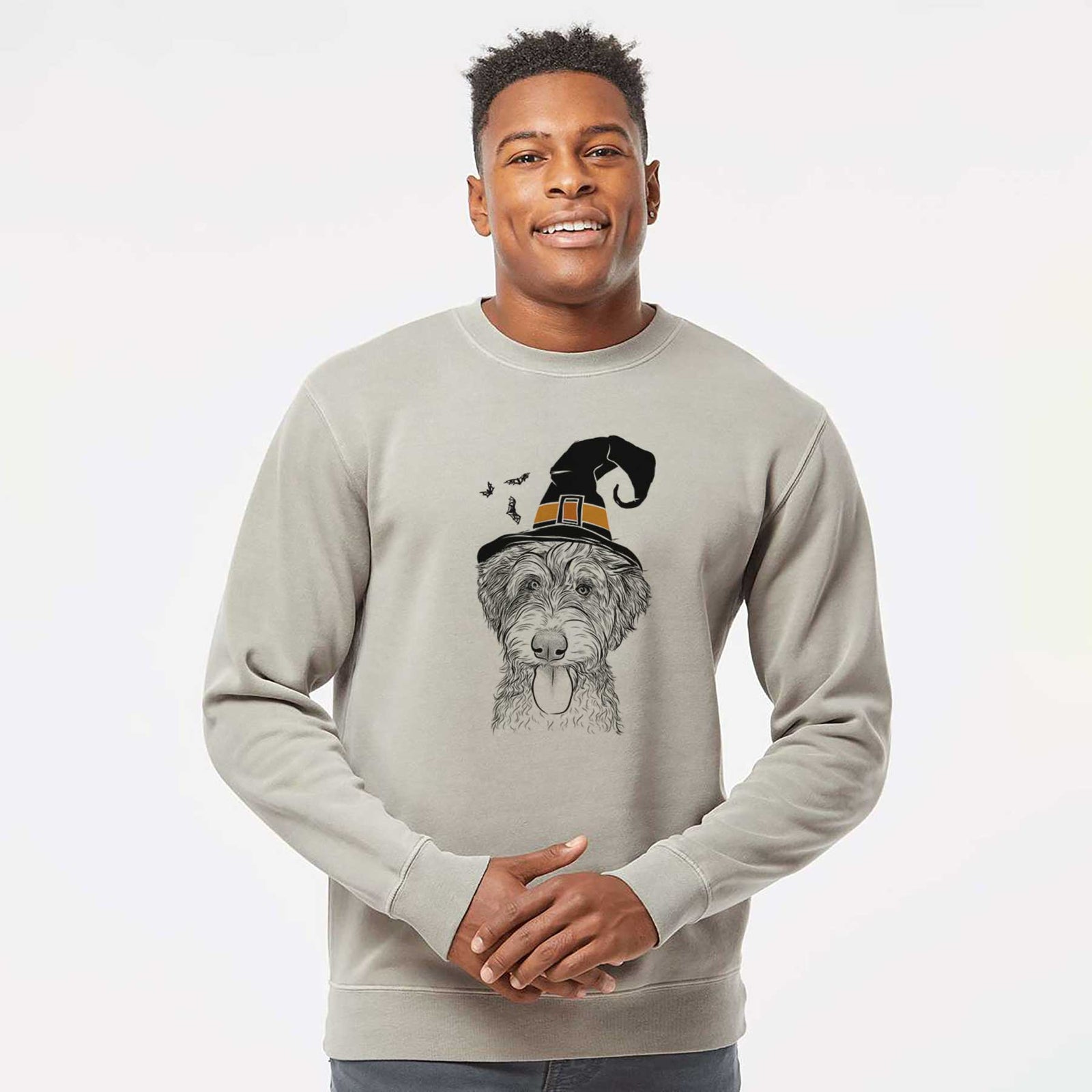 Hand-drawn sketch of Myrtle Mae the Aussiedoodle wearing a witch hat on a Cement Unisex pigment dyed crew sweatshirt