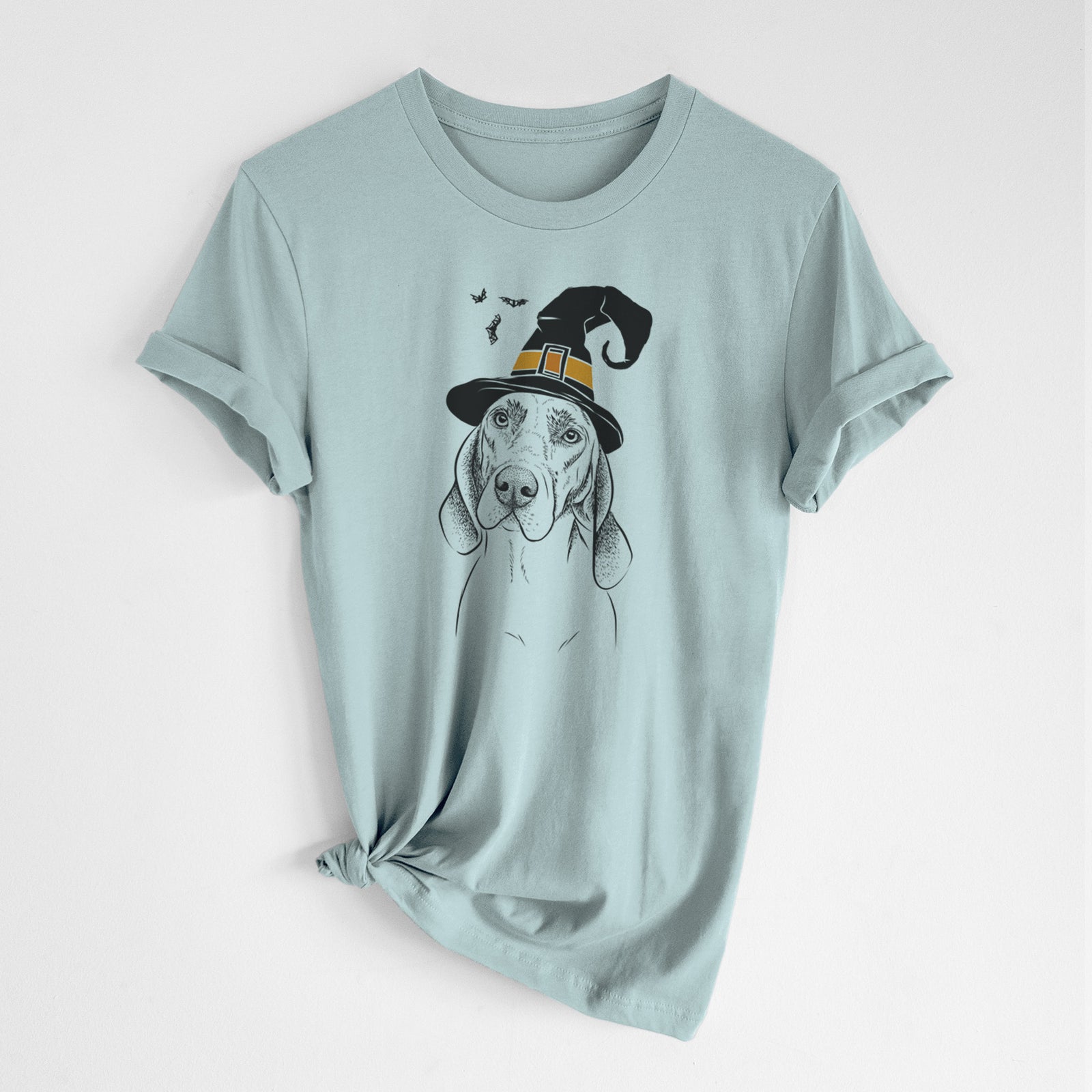 Hand-drawn sketch of Norman the Plott Hound wearing a witch hat on a Dusty Blue Unisex crewneck, worn by a woman