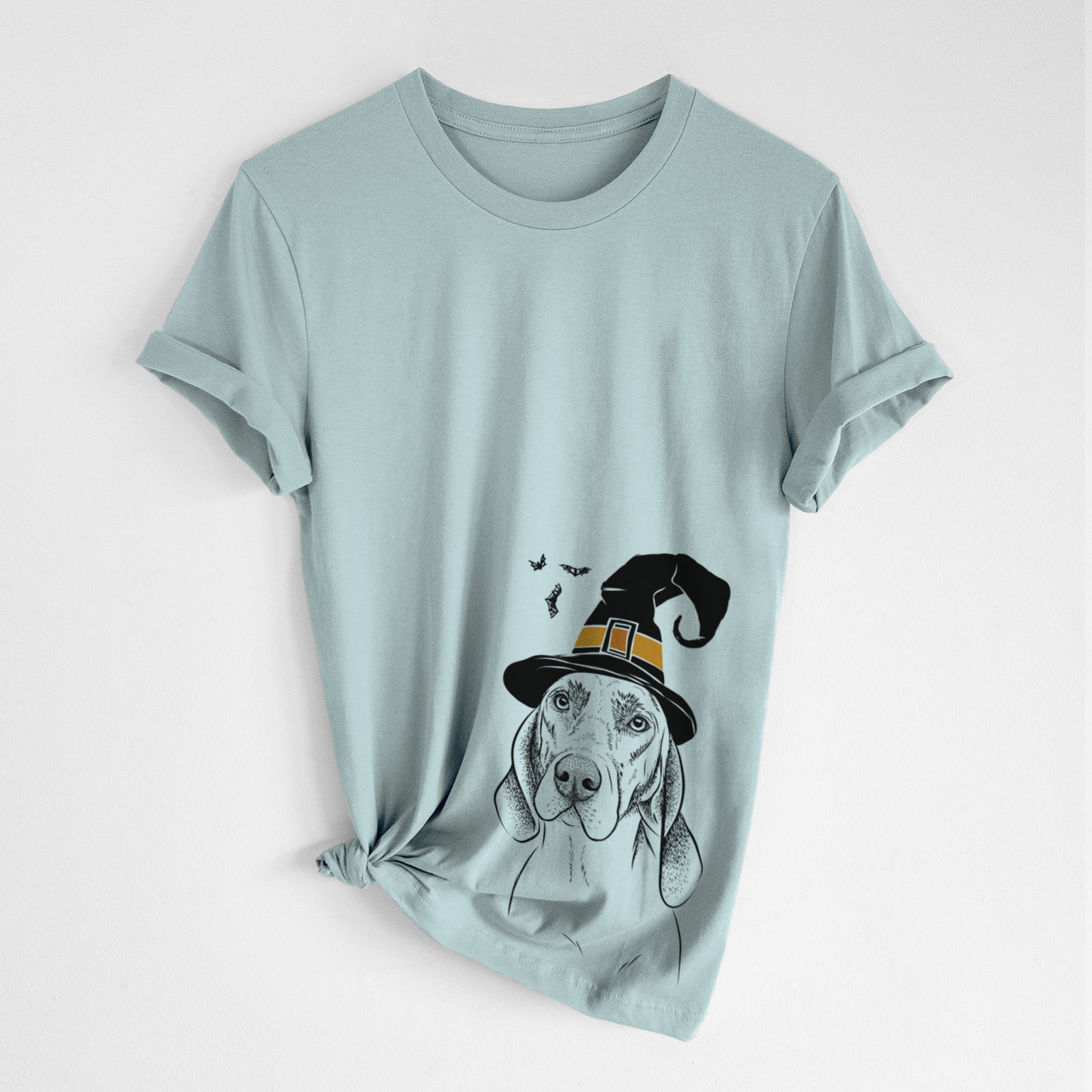 Hand-drawn sketch of Norman the Plott Hound wearing a witch hat on a Dusty Blue Unisex crewneck, worn by a woman