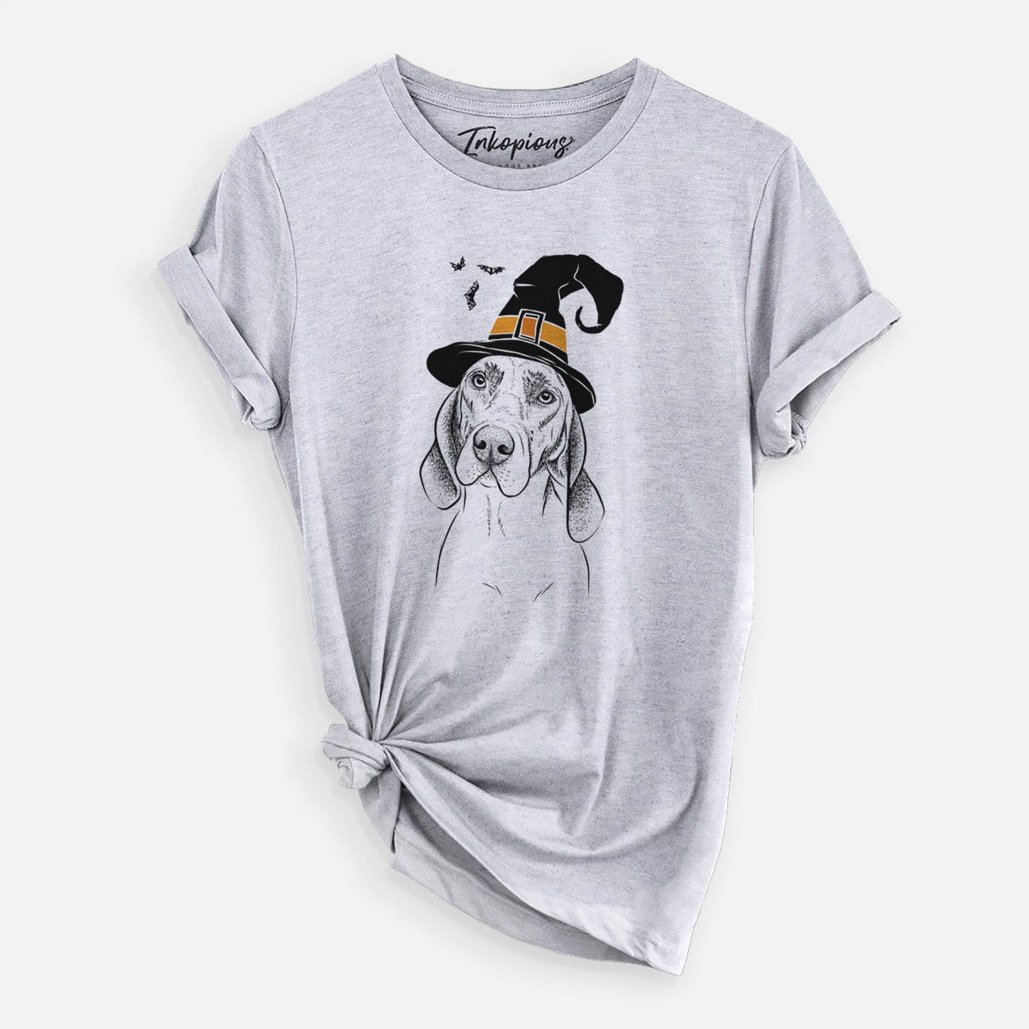 Hand-drawn sketch of Norman the Plott Hound wearing a witch hat on a Grey Unisex crewneck, worn by a woman