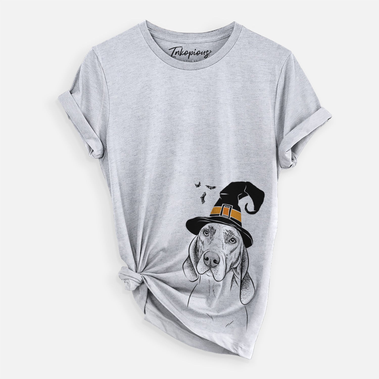 Hand-drawn sketch of Norman the Plott Hound wearing a witch hat on a Grey Unisex crewneck, worn by a woman
