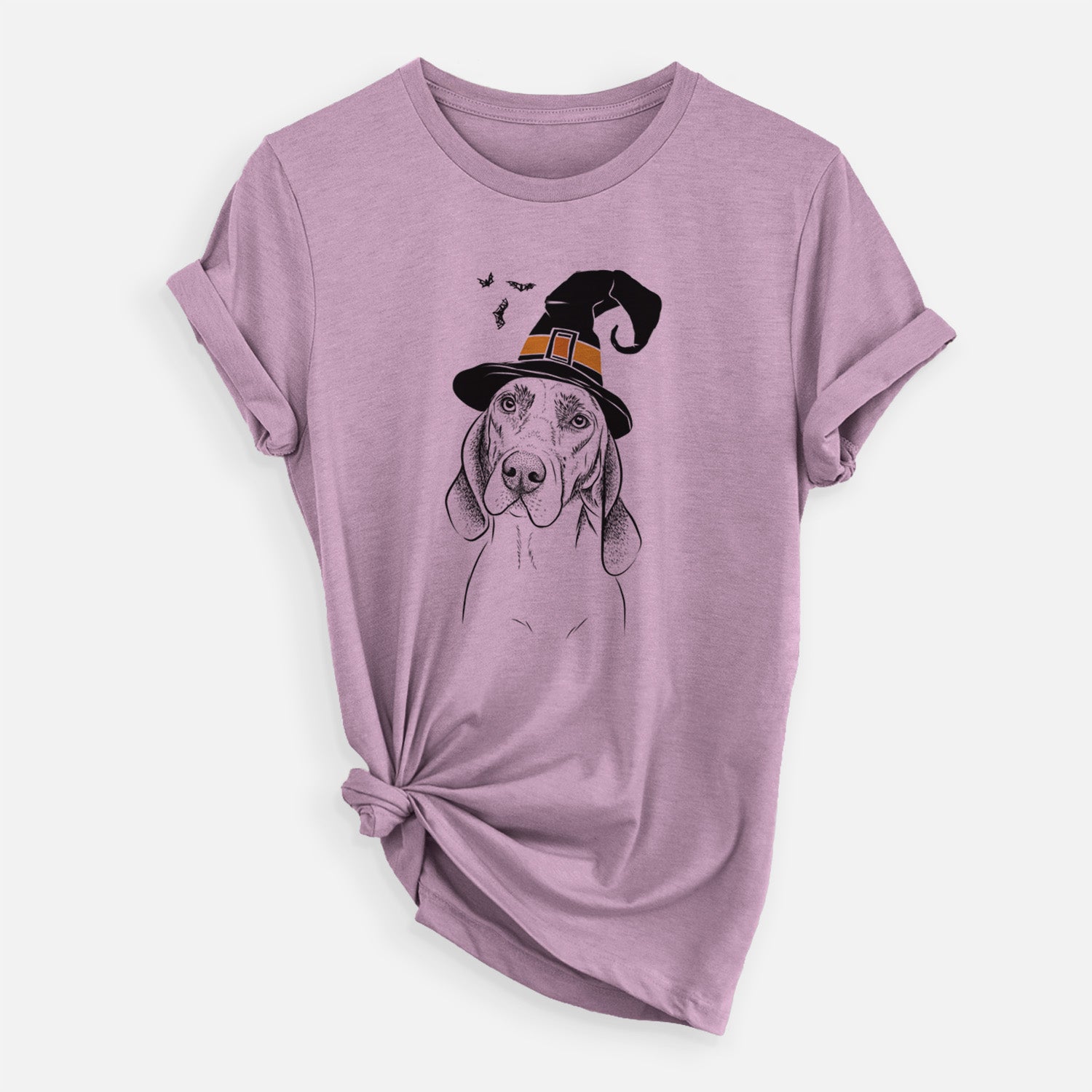 Hand-drawn sketch of Norman the Plott Hound wearing a witch hat on an Orchid Unisex crewneck, worn by a woman