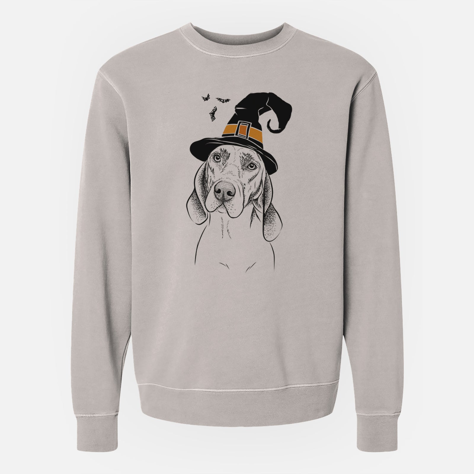 Hand-drawn sketch of Norman the Plott Hound wearing a witch hat on a Cement Unisex pigment dyed crew sweatshirt
