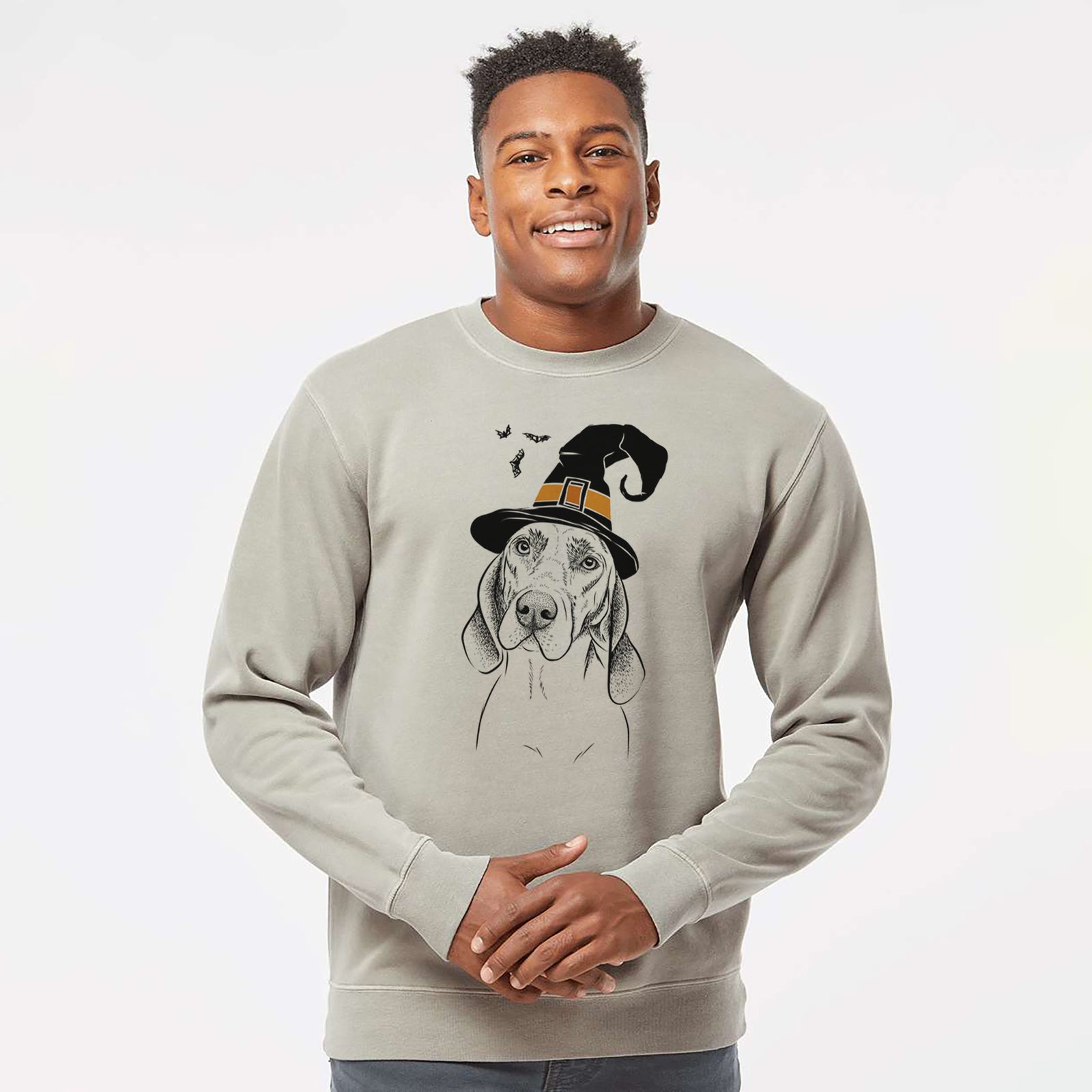 Hand-drawn sketch of Norman the Plott Hound wearing a witch hat on a Cement Unisex pigment dyed crew sweatshirt