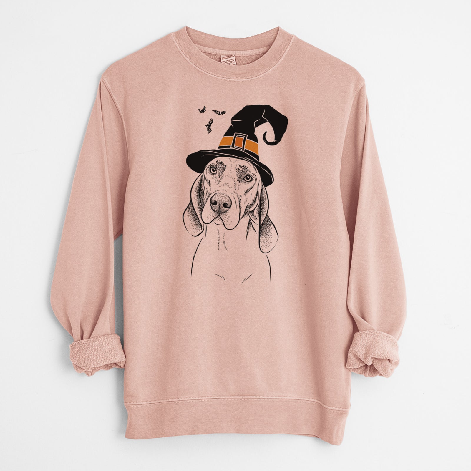 Hand-drawn sketch of Norman the Plott Hound wearing a witch hat on a Dusty Pink Unisex pigment dyed crew sweatshirt