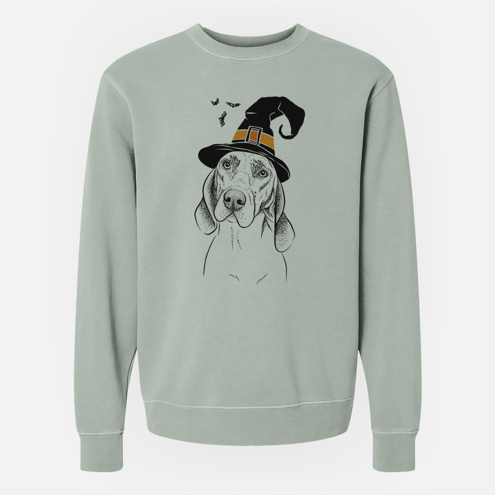 Hand-drawn sketch of Norman the Plott Hound wearing a witch hat on a Sage Unisex pigment dyed crew sweatshirt