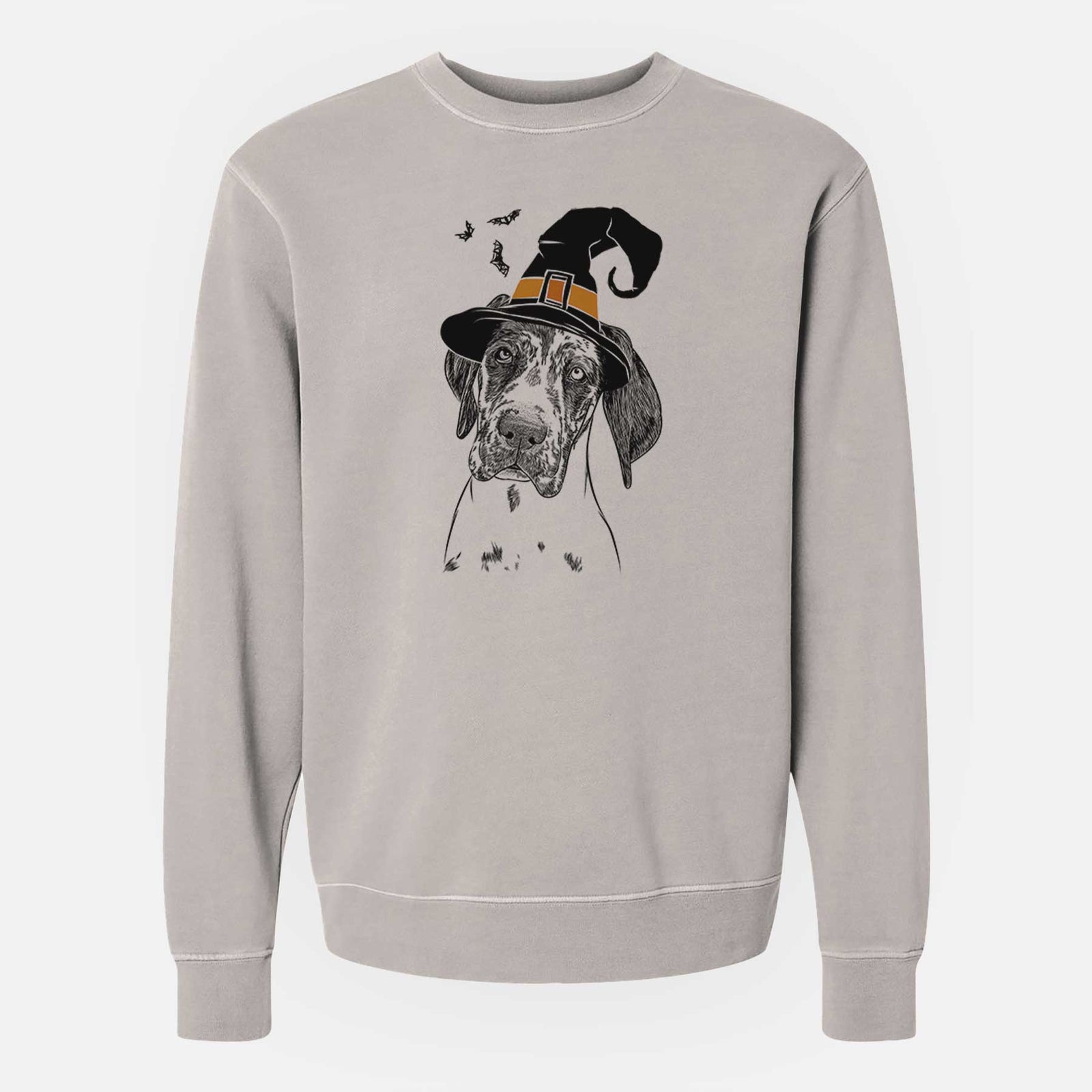 Hand-drawn sketch of Nyx the Great Dane wearing a witch hat on a Cement Unisex pigment dyed crew sweatshirt