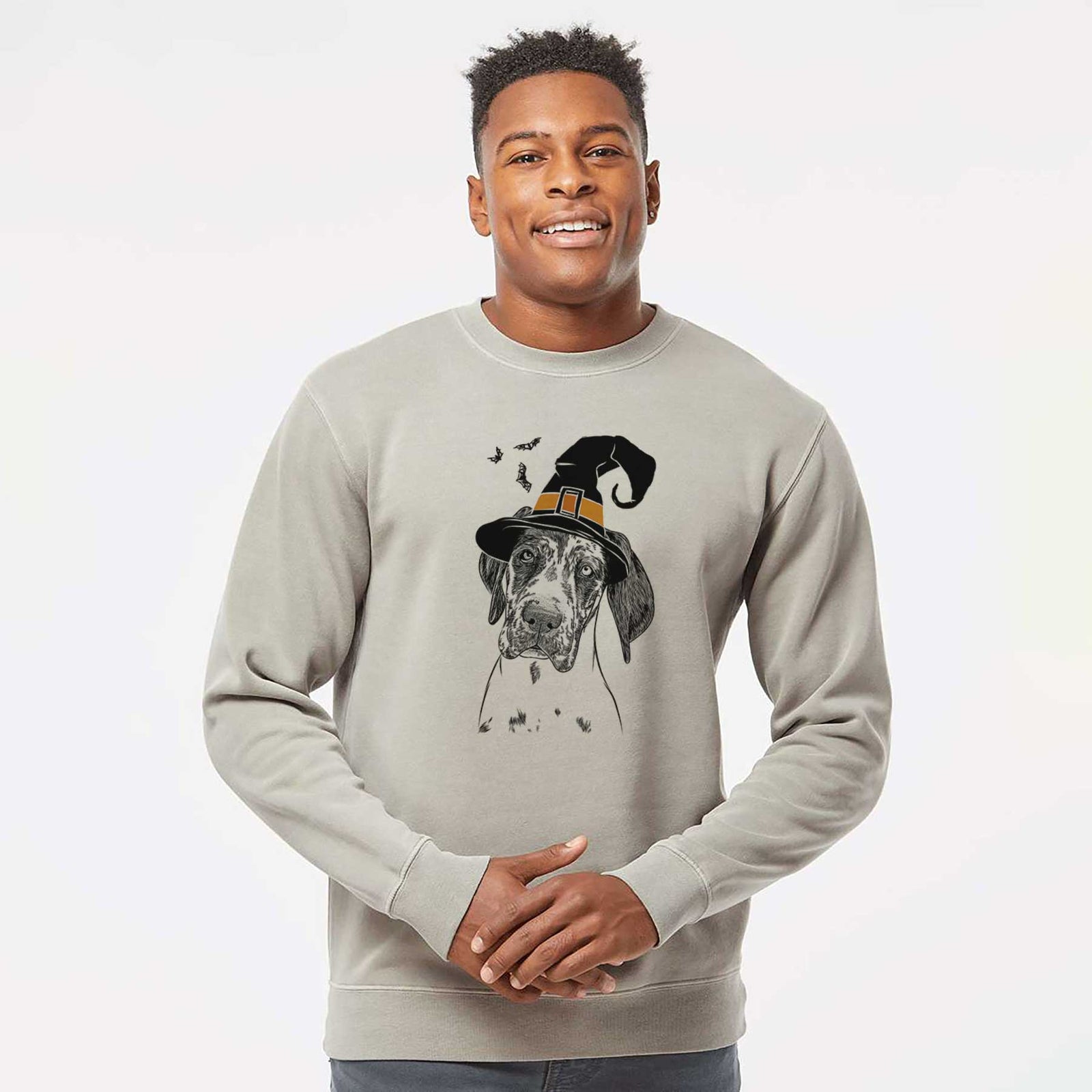 Hand-drawn sketch of Nyx the Great Dane wearing a witch hat on a Cement Unisex pigment dyed crew sweatshirt