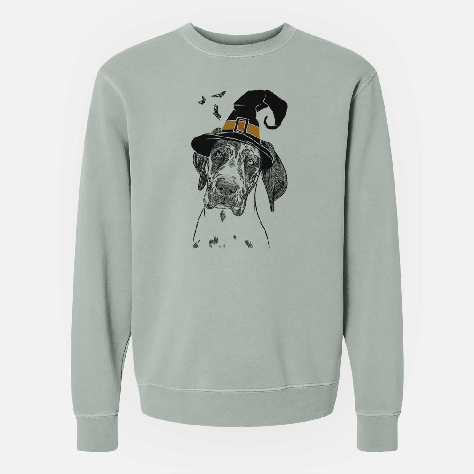 Hand-drawn sketch of Nyx the Great Dane wearing a witch hat on a Sage Unisex pigment dyed crew sweatshirt
