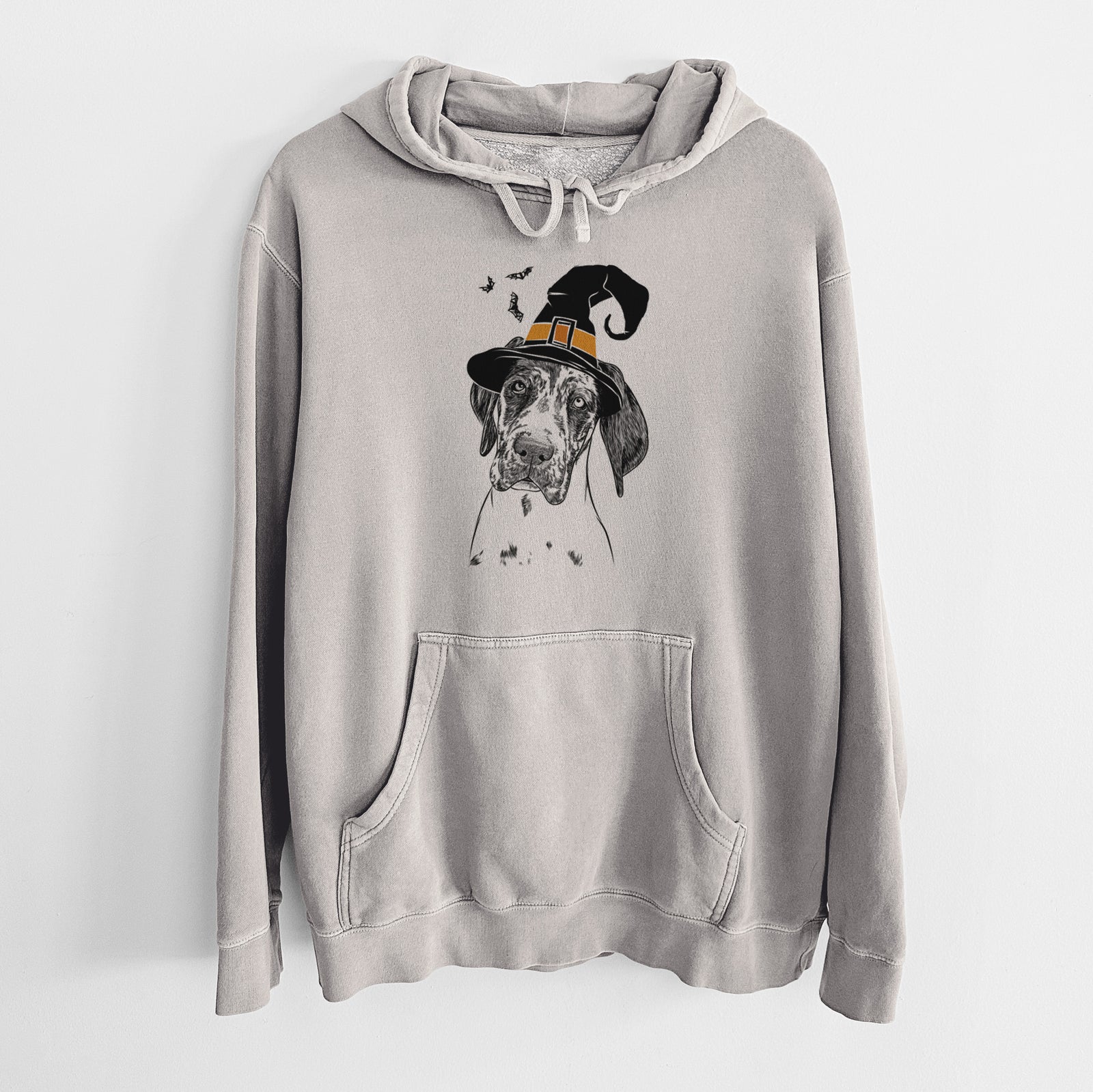 Hand-drawn sketch of Nyx the Great Dane wearing a witch hat on a Cement Unisex pigment dyed hoodie