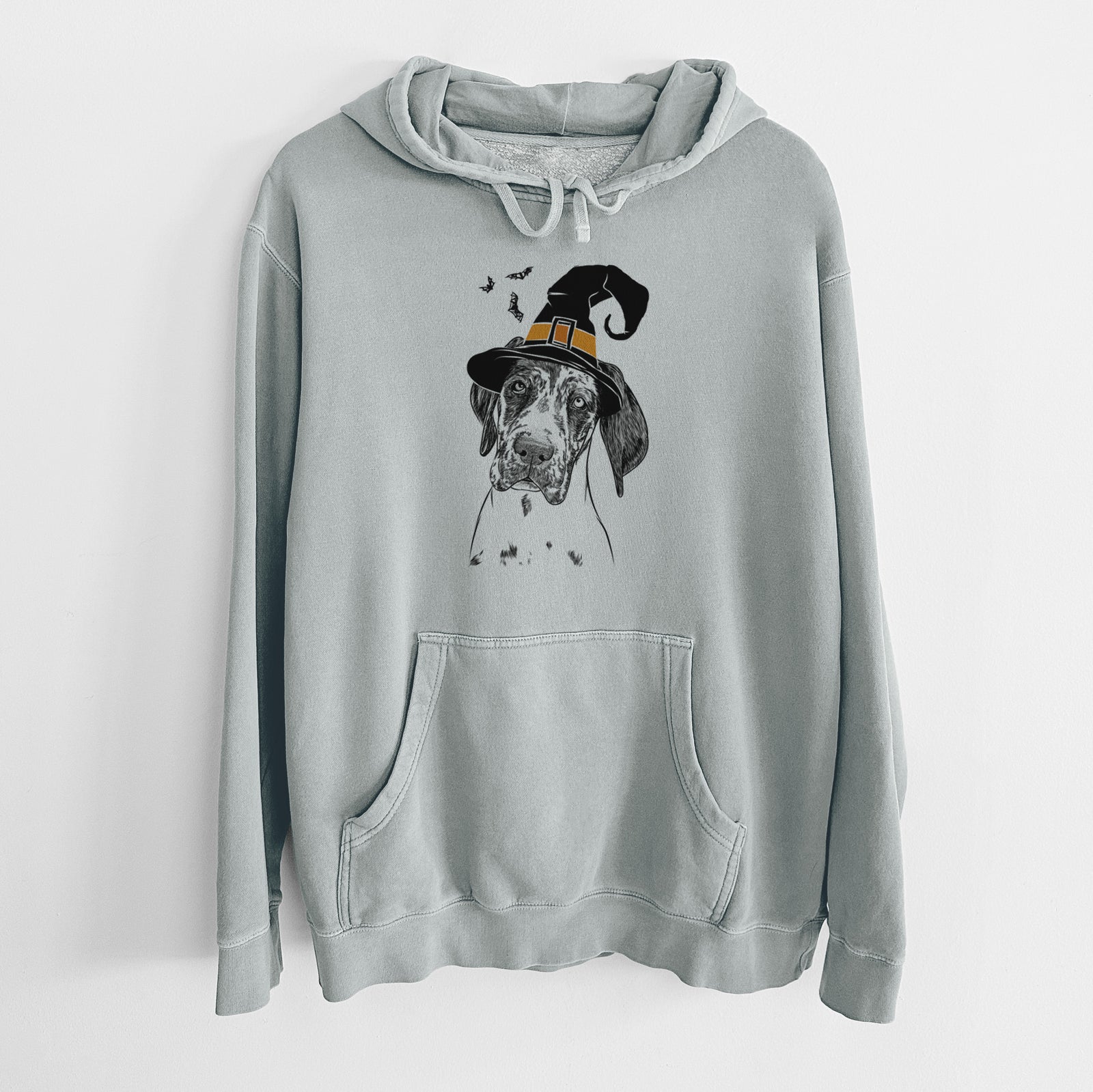 Hand-drawn sketch of Nyx the Great Dane wearing a witch hat on a Sage Unisex pigment dyed hoodie