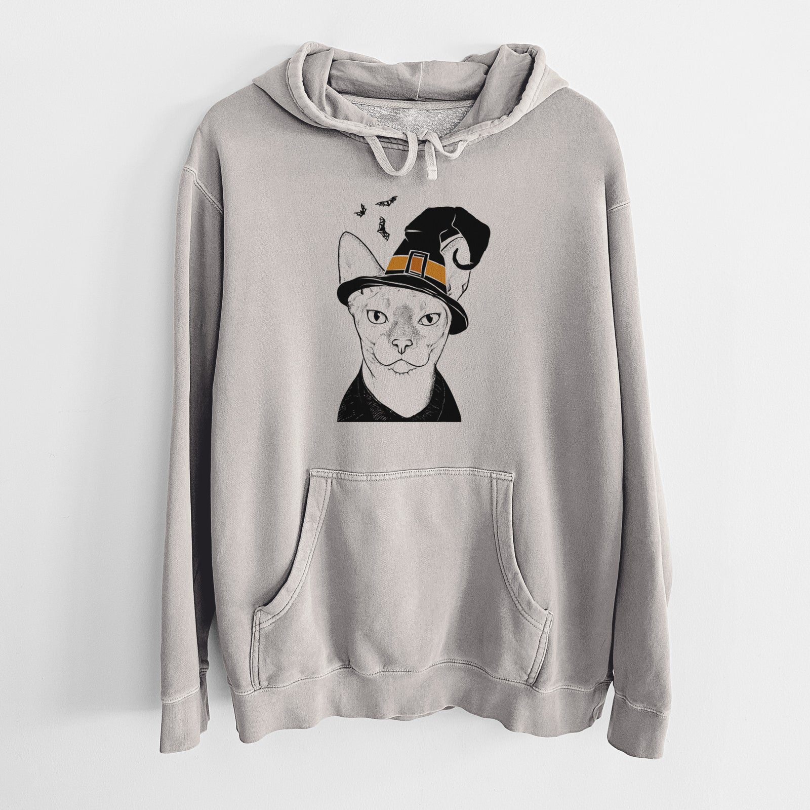 Hand-drawn sketch of Oliver Watson the Sphynx Cat wearing a witch hat on a Cement Unisex pigment dyed hoodie