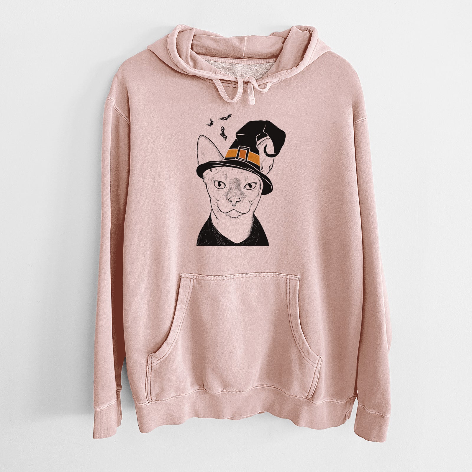 Hand-drawn sketch of Oliver Watson the Sphynx Cat wearing a witch hat on a Dusty Pink Unisex pigment dyed hoodie