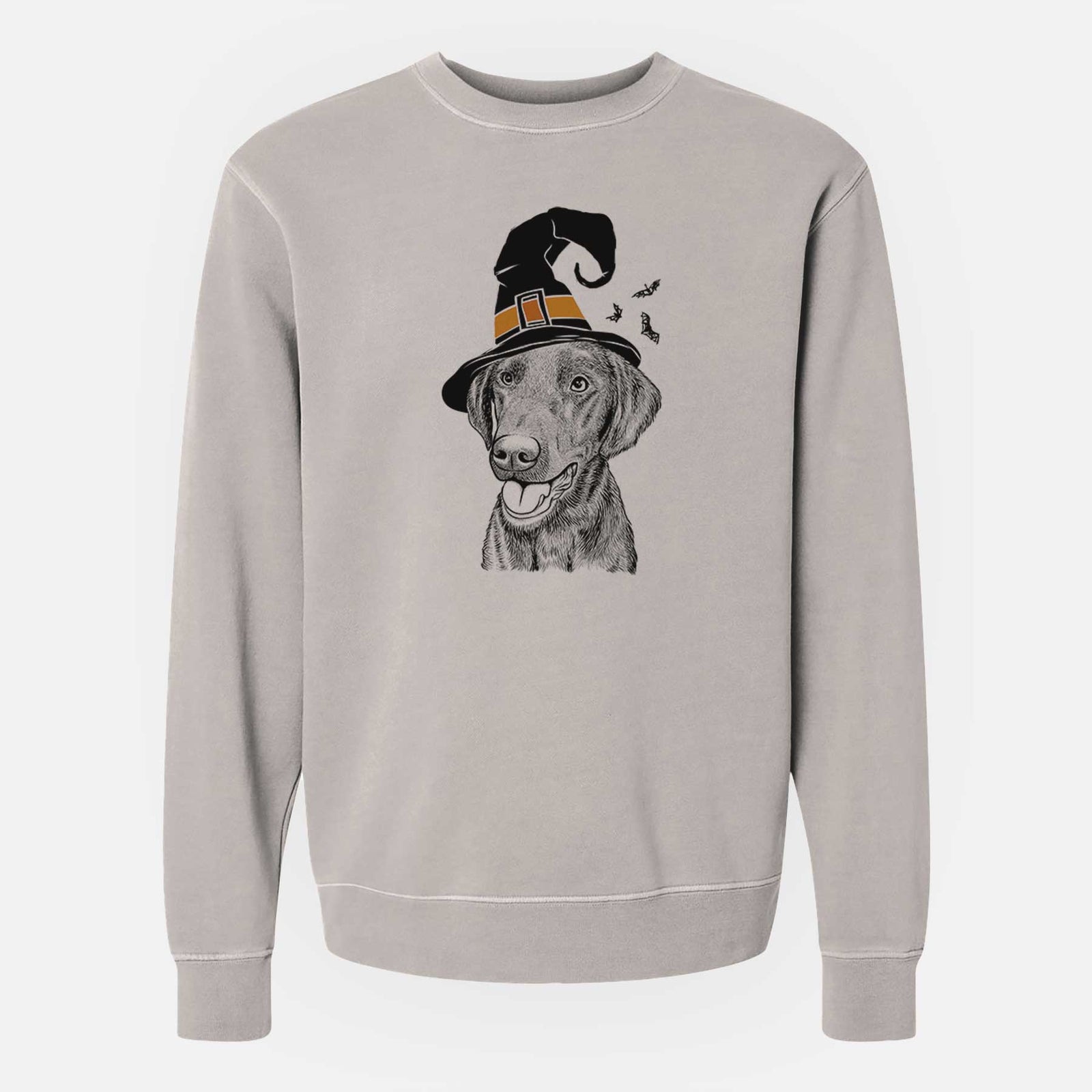 Hand-drawn sketch of Onyx the Labrador Retriever wearing a witch hat on a Cement Unisex pigment dyed crew sweatshirt