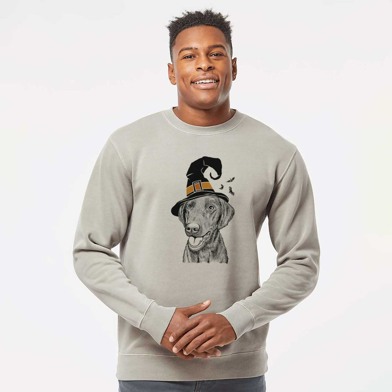 Hand-drawn sketch of Onyx the Labrador Retriever wearing a witch hat on a Cement Unisex pigment dyed crew sweatshirt