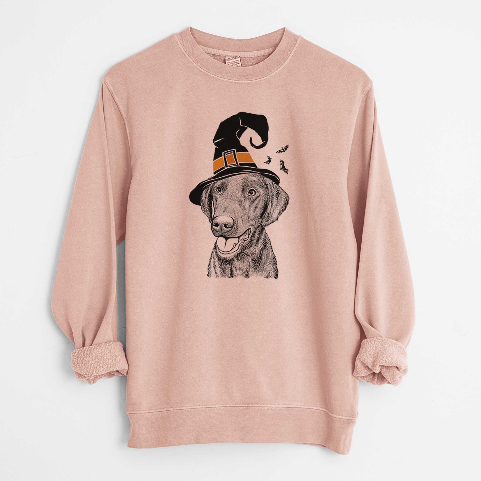 Hand-drawn sketch of Onyx the Labrador Retriever wearing a witch hat on a Dusty Pink Unisex pigment dyed crew sweatshirt