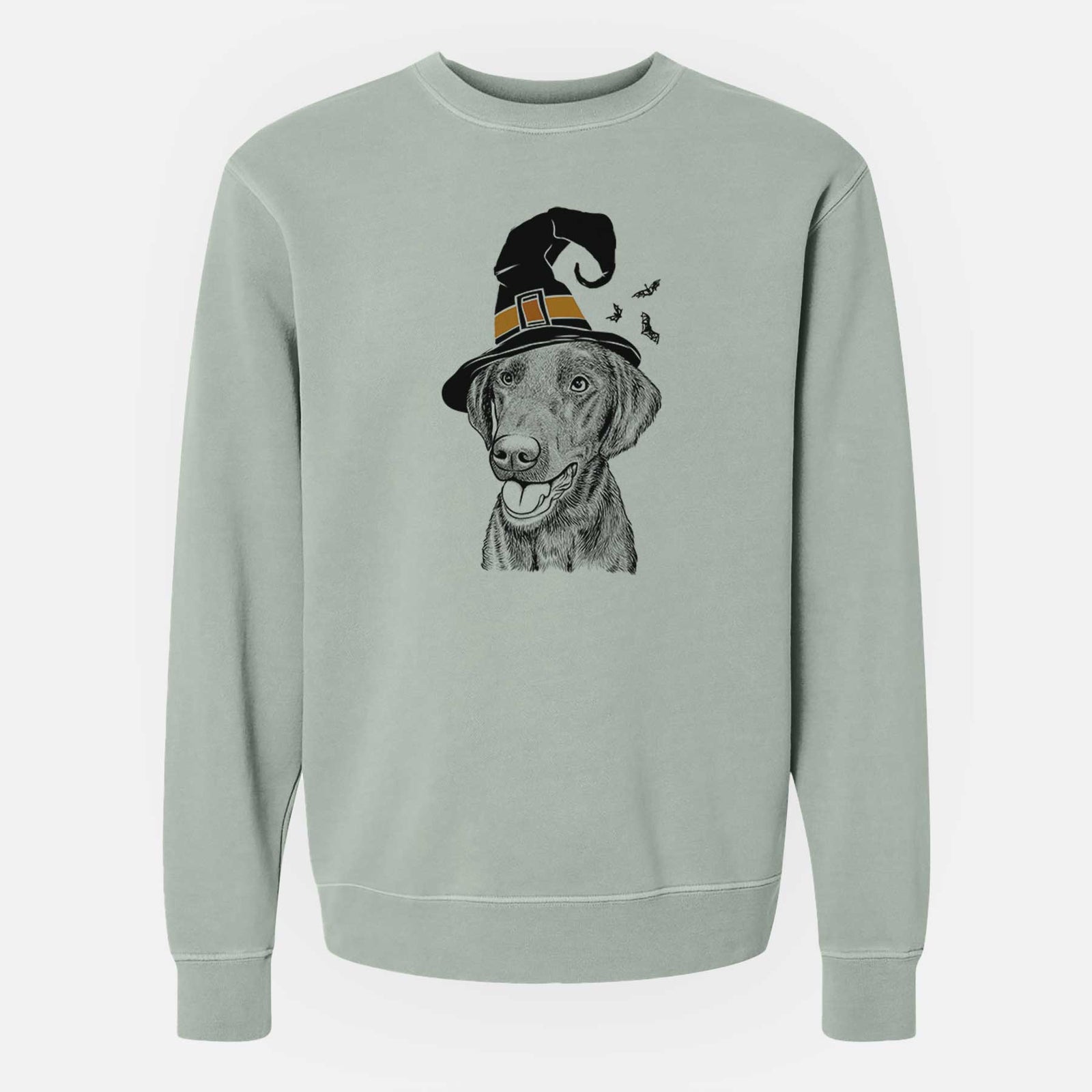 Hand-drawn sketch of Onyx the Labrador Retriever wearing a witch hat on a Sage Unisex pigment dyed crew sweatshirt