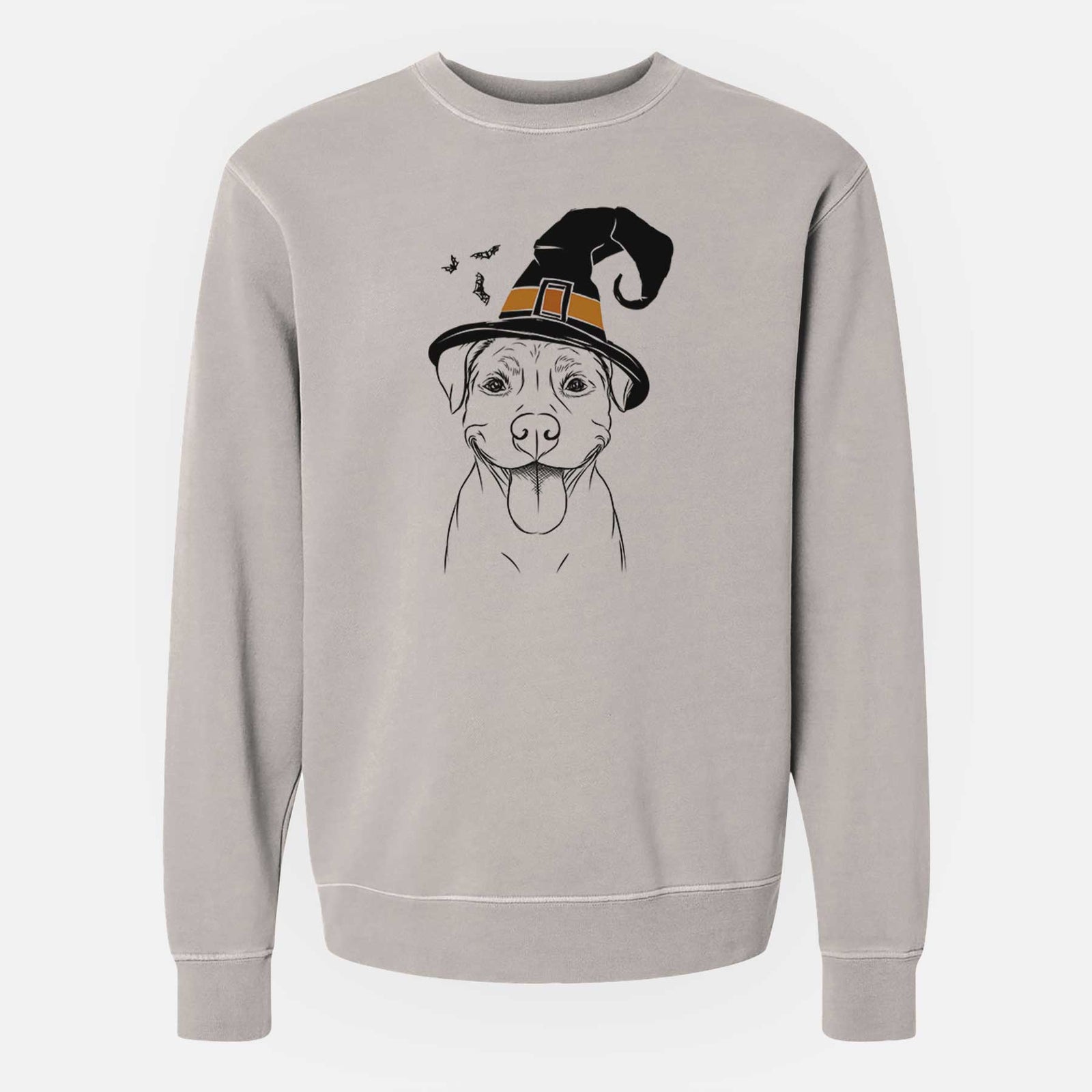Hand-drawn sketch of Parker the Pitbull wearing a witch hat on a Cement Unisex pigment dyed crew sweatshirt