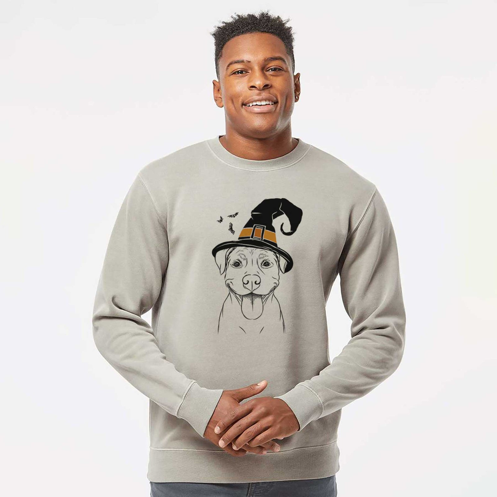Hand-drawn sketch of Parker the Pitbull wearing a witch hat on a Cement Unisex pigment dyed crew sweatshirt