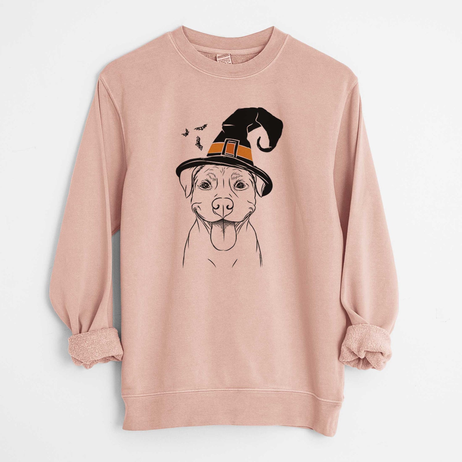 Hand-drawn sketch of Parker the Pitbull wearing a witch hat on a Dusty Pink Unisex pigment dyed crew sweatshirt