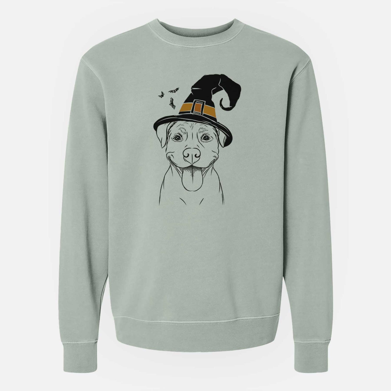 Hand-drawn sketch of Parker the Pitbull wearing a witch hat on a Sage Unisex pigment dyed crew sweatshirt