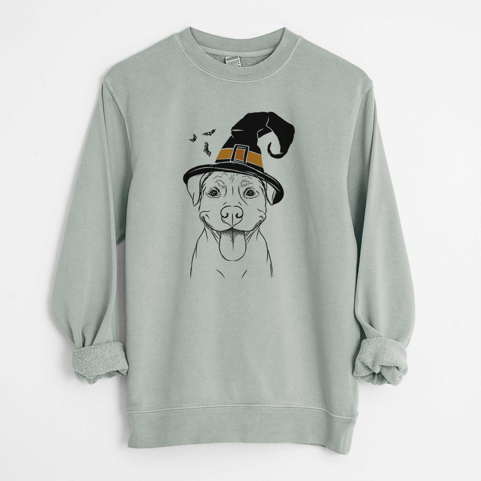 Hand-drawn sketch of Parker the Pitbull wearing a witch hat on a Sage Unisex pigment dyed crew sweatshirt