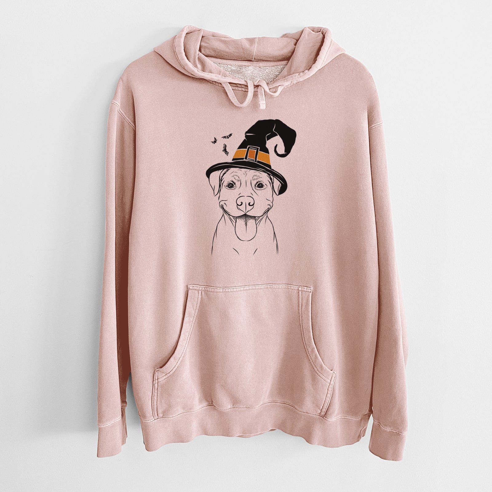 Hand-drawn sketch of Parker the Pitbull wearing a witch hat on a Dusty Pink Unisex pigment dyed hoodie