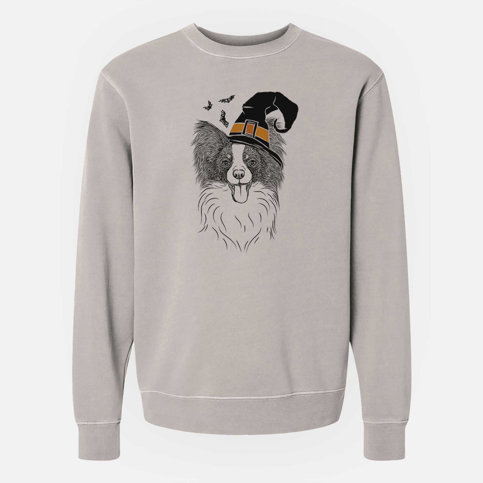 Hand-drawn sketch of Patrick the Papillon wearing a witch hat on a Cement Unisex pigment dyed crew sweatshirt