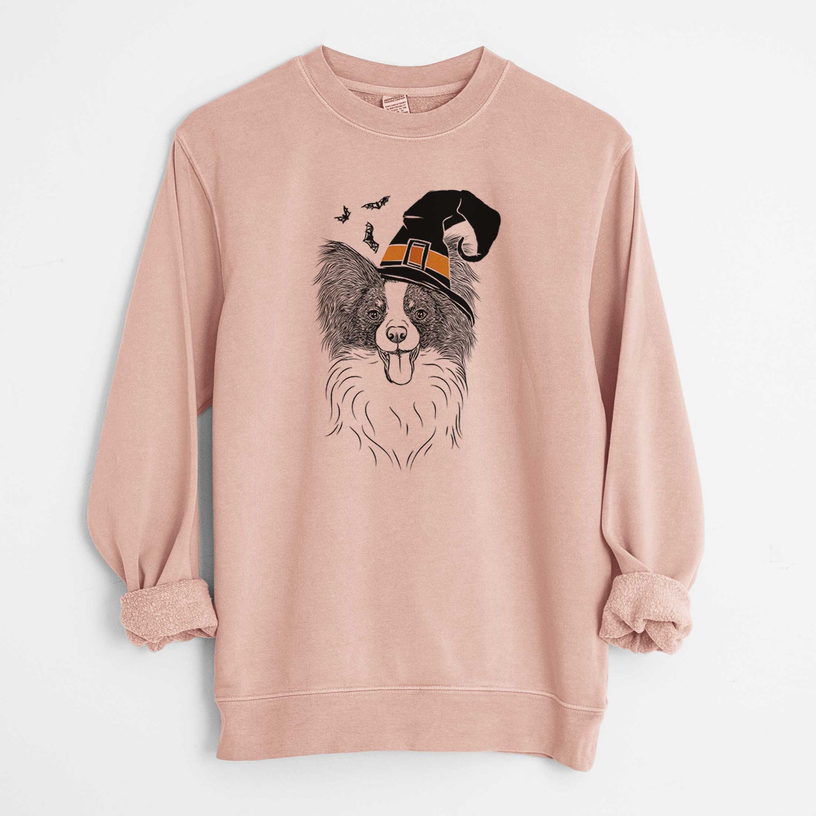 Hand-drawn sketch of Patrick the Papillon wearing a witch hat on a Dusty Pink Unisex pigment dyed crew sweatshirt