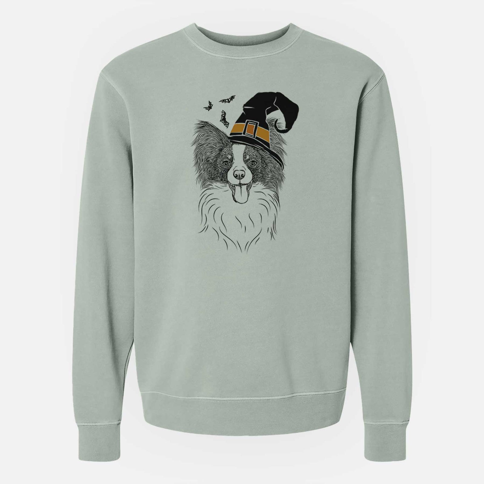 Hand-drawn sketch of Patrick the Papillon wearing a witch hat on a Sage Unisex pigment dyed crew sweatshirt