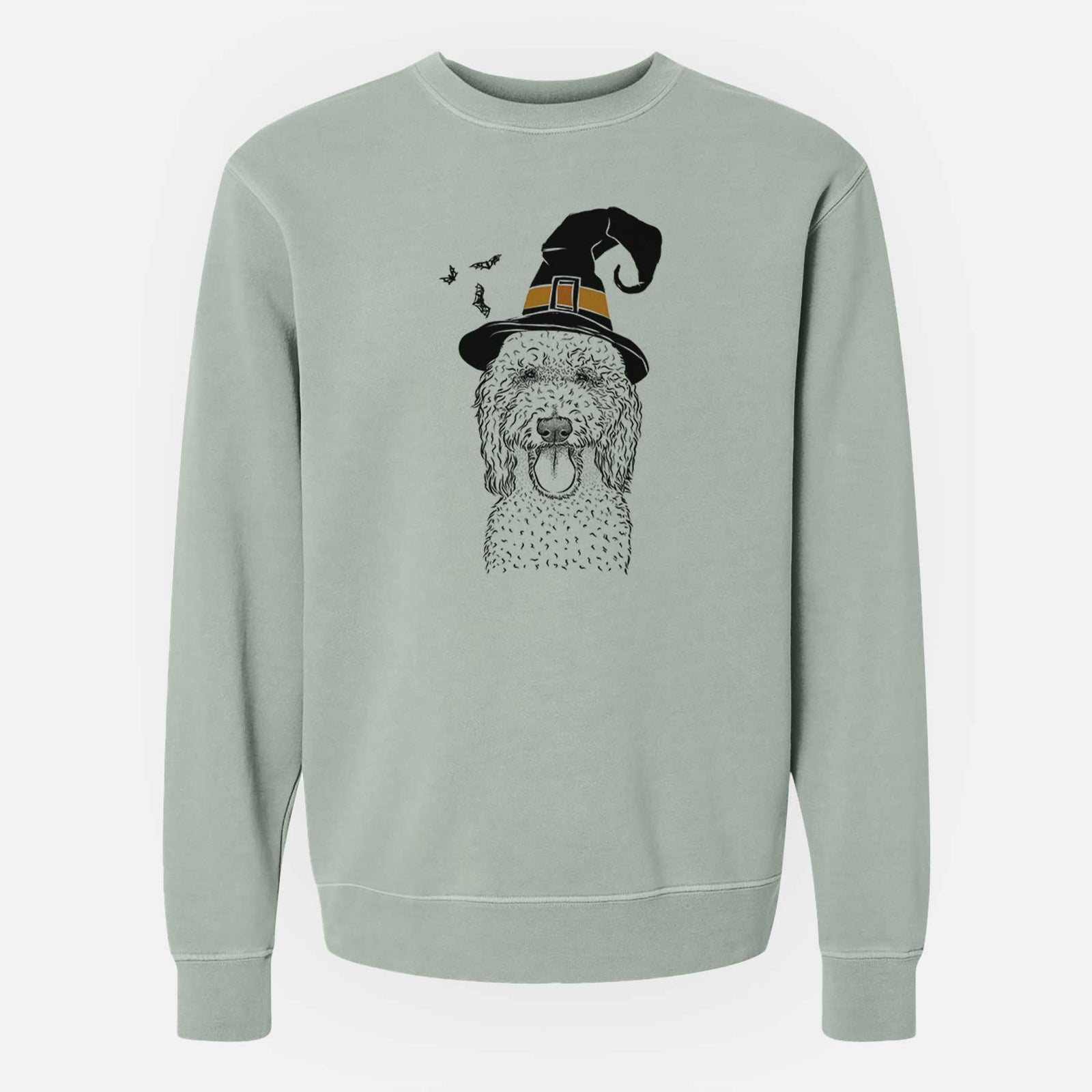 Hand-drawn sketch of Pavlov the Goldendoodle wearing a witch hat on a Sage Unisex pigment dyed crew sweatshirt