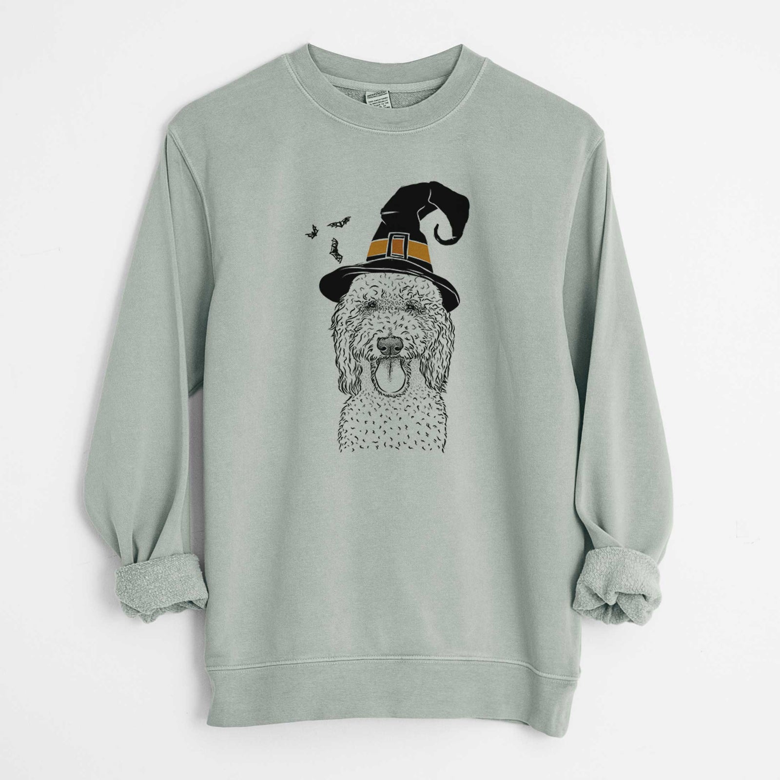 Hand-drawn sketch of Pavlov the Goldendoodle wearing a witch hat on a Sage Unisex pigment dyed crew sweatshirt