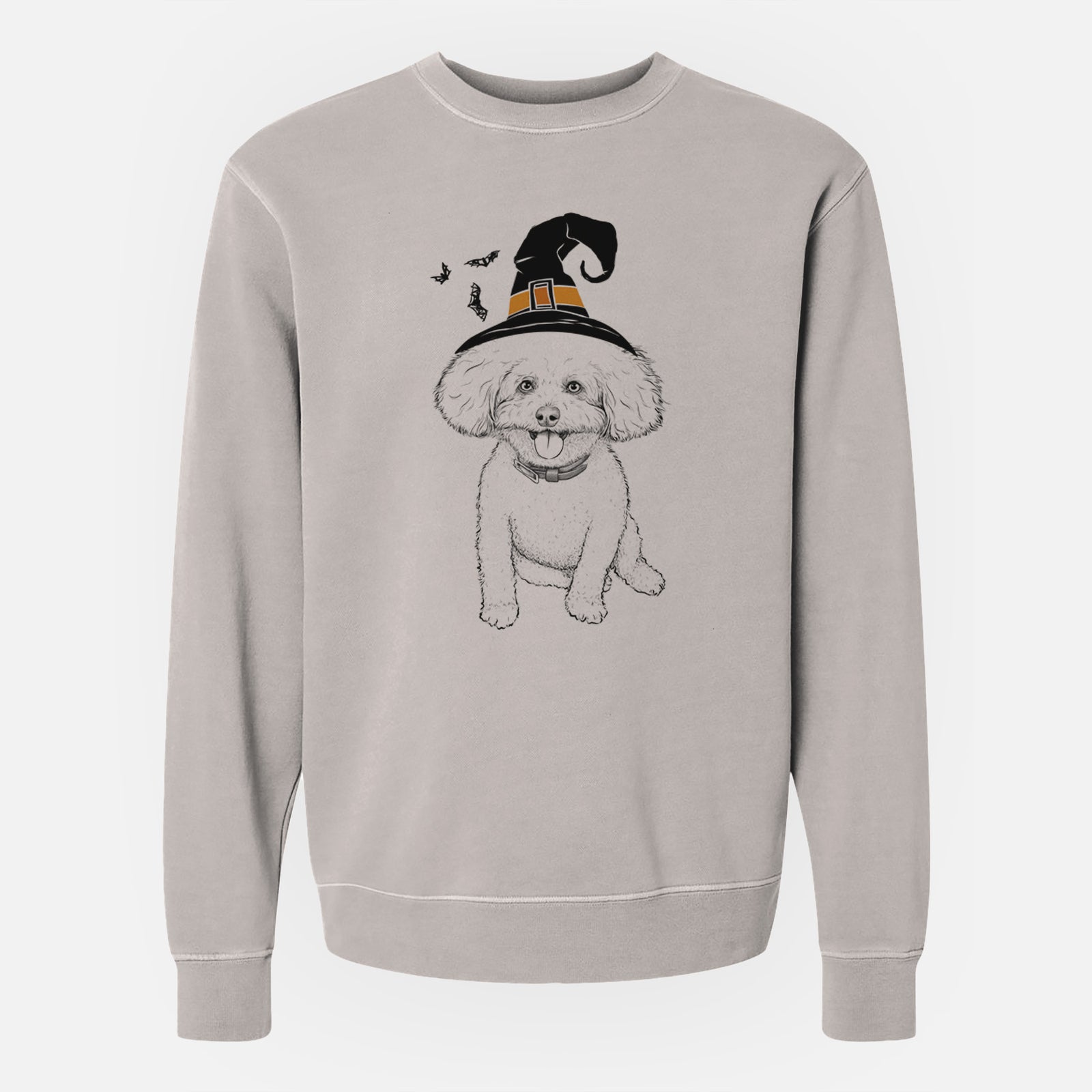 Hand-drawn sketch of Peyton the Bichon Frise wearing a witch hat on a Cement Unisex pigment dyed crew sweatshirt