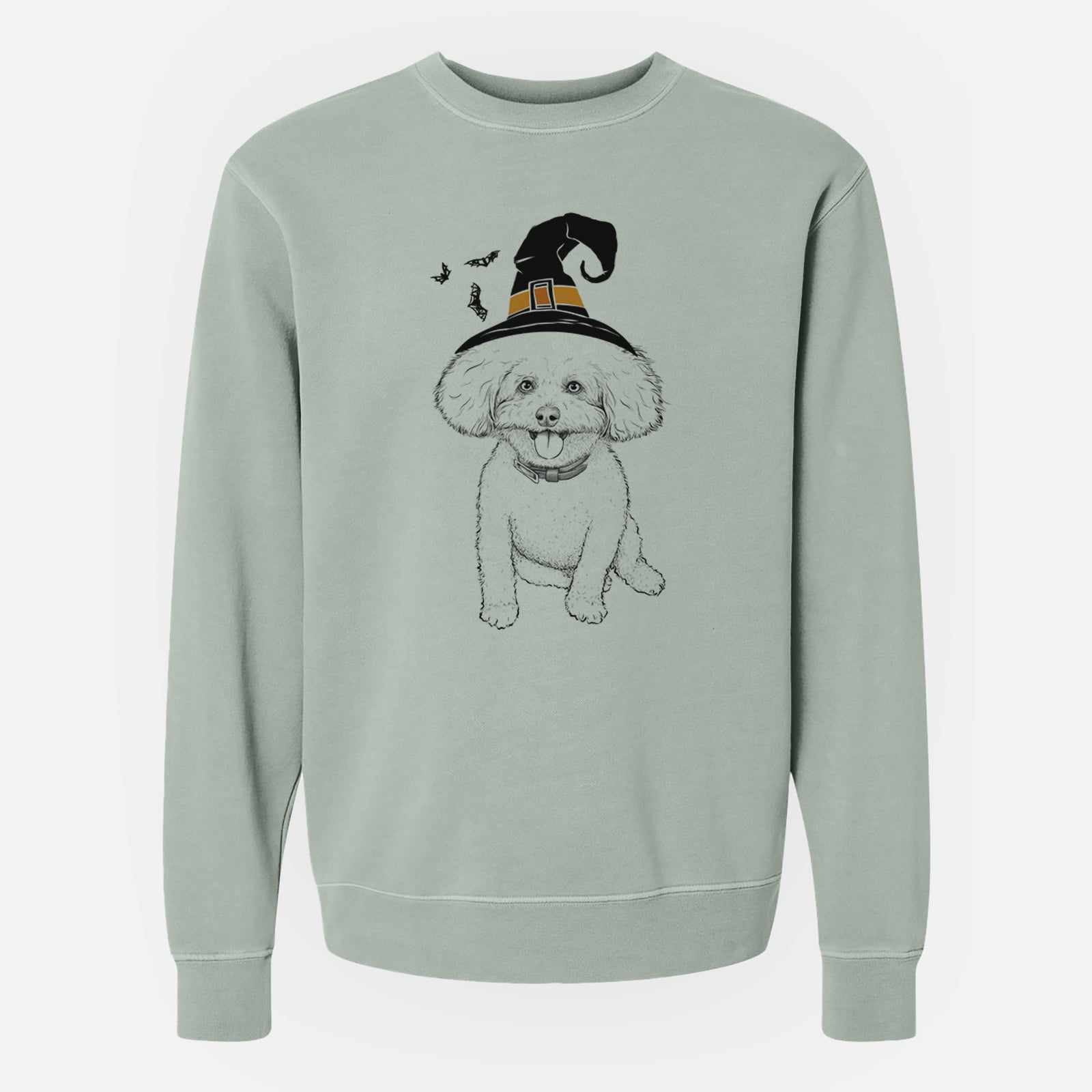 Hand-drawn sketch of Peyton the Bichon Frise wearing a witch hat on a Sage Unisex pigment dyed crew sweatshirt