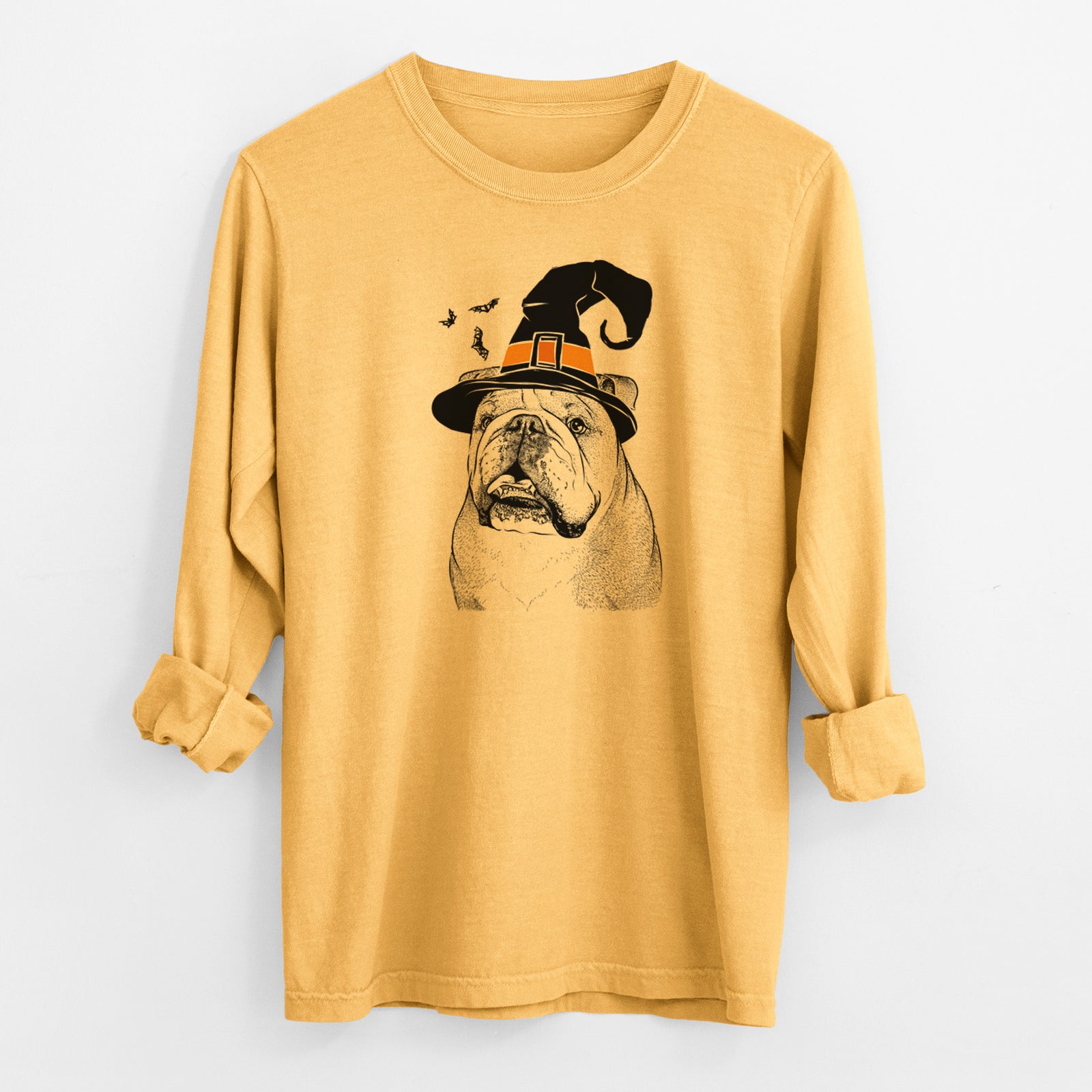 Witch Piggy the English Bulldog - Men's Heavyweight 100% Cotton Long Sleeve