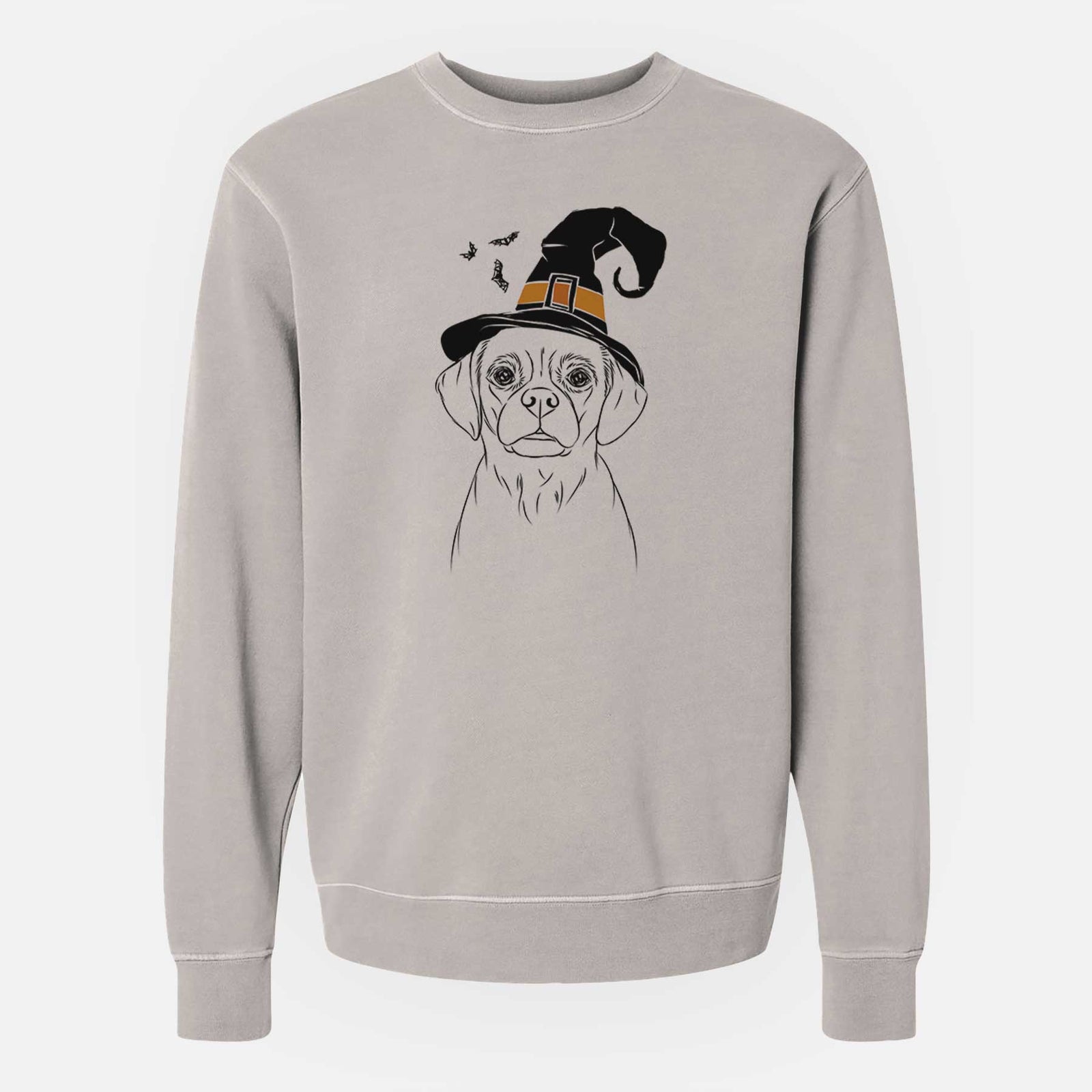 Hand-drawn sketch of Popcorn the Puggle wearing a witch hat on a Cement Unisex pigment dyed crew sweatshirt