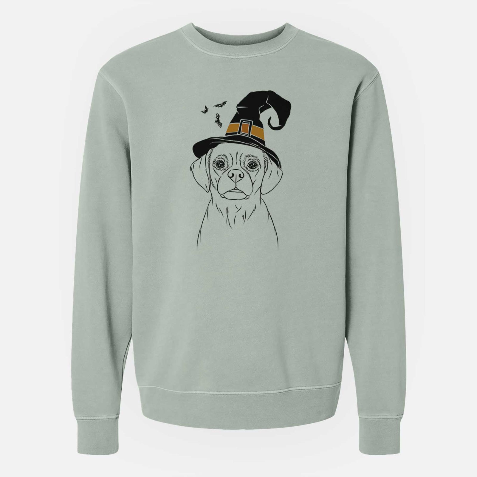 Hand-drawn sketch of Popcorn the Puggle wearing a witch hat on a Sage Unisex pigment dyed crew sweatshirt