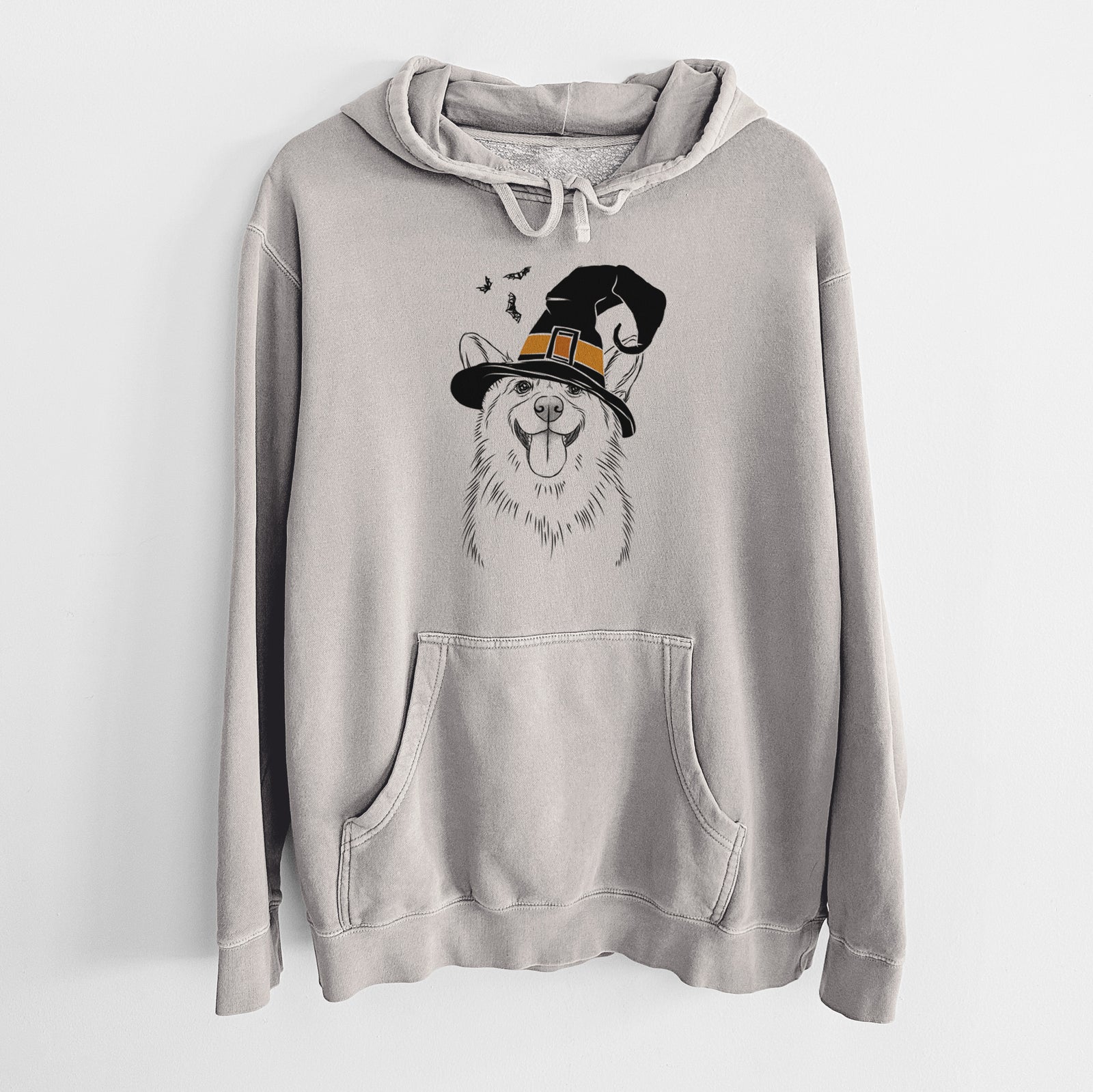 Hand-drawn sketch of Porter the Pembroke Welsh Corgi wearing a witch hat on a Cement Unisex pigment dyed hoodie