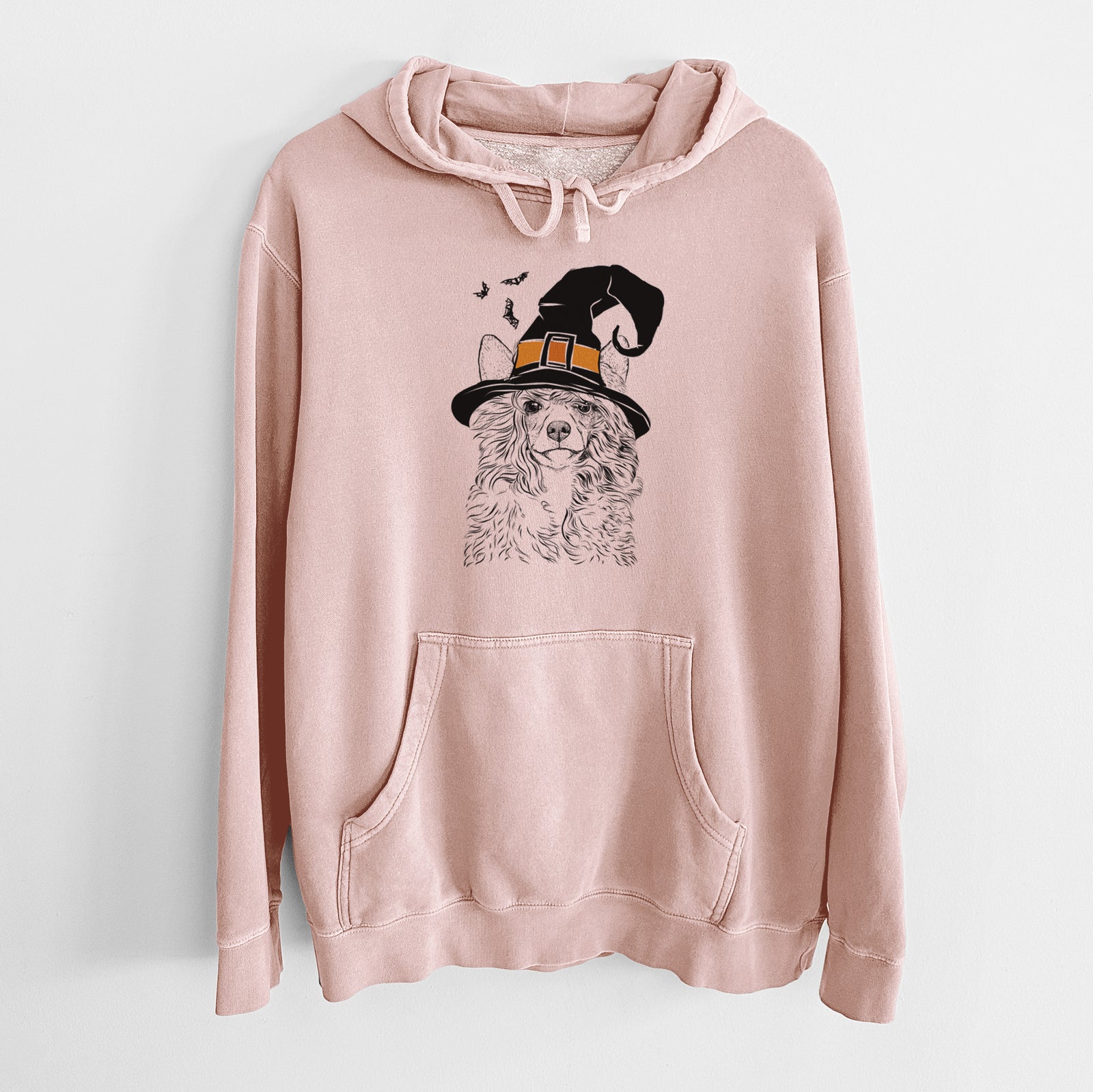Hand-drawn sketch of Preston the Powderpuff Chinese Crested wearing a witch hat on a Dusty Pink Unisex pigment dyed hoodie