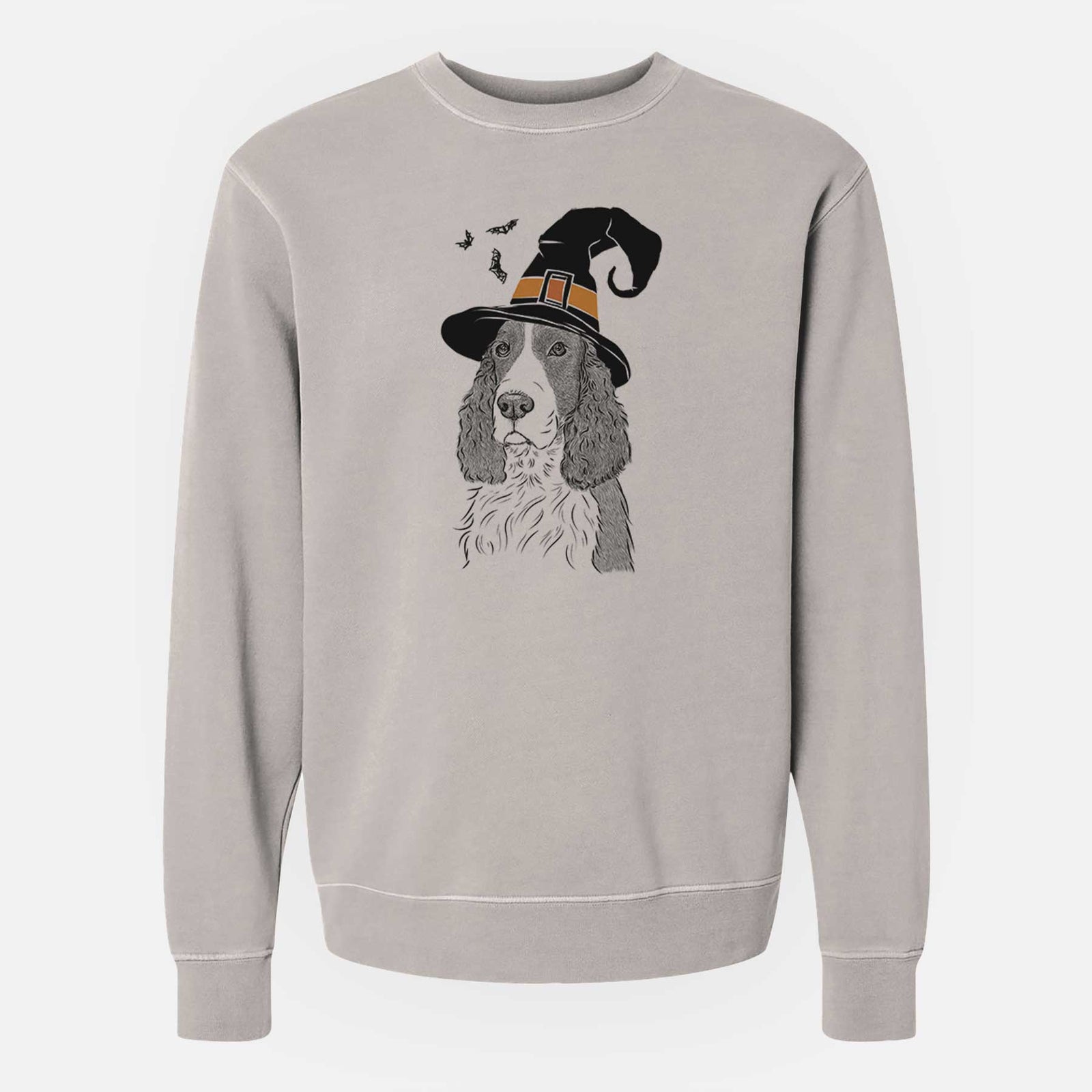 Hand-drawn sketch of Quincy the English Springer Spaniel wearing a witch hat on a Cement Unisex pigment dyed crew sweatshirt