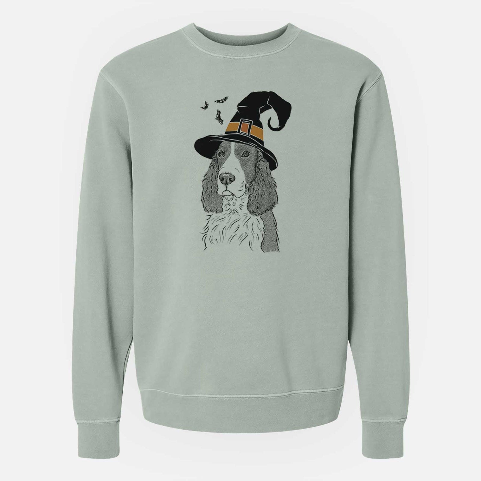 Hand-drawn sketch of Quincy the English Springer Spaniel wearing a witch hat on a Sage Unisex pigment dyed crew sweatshirt