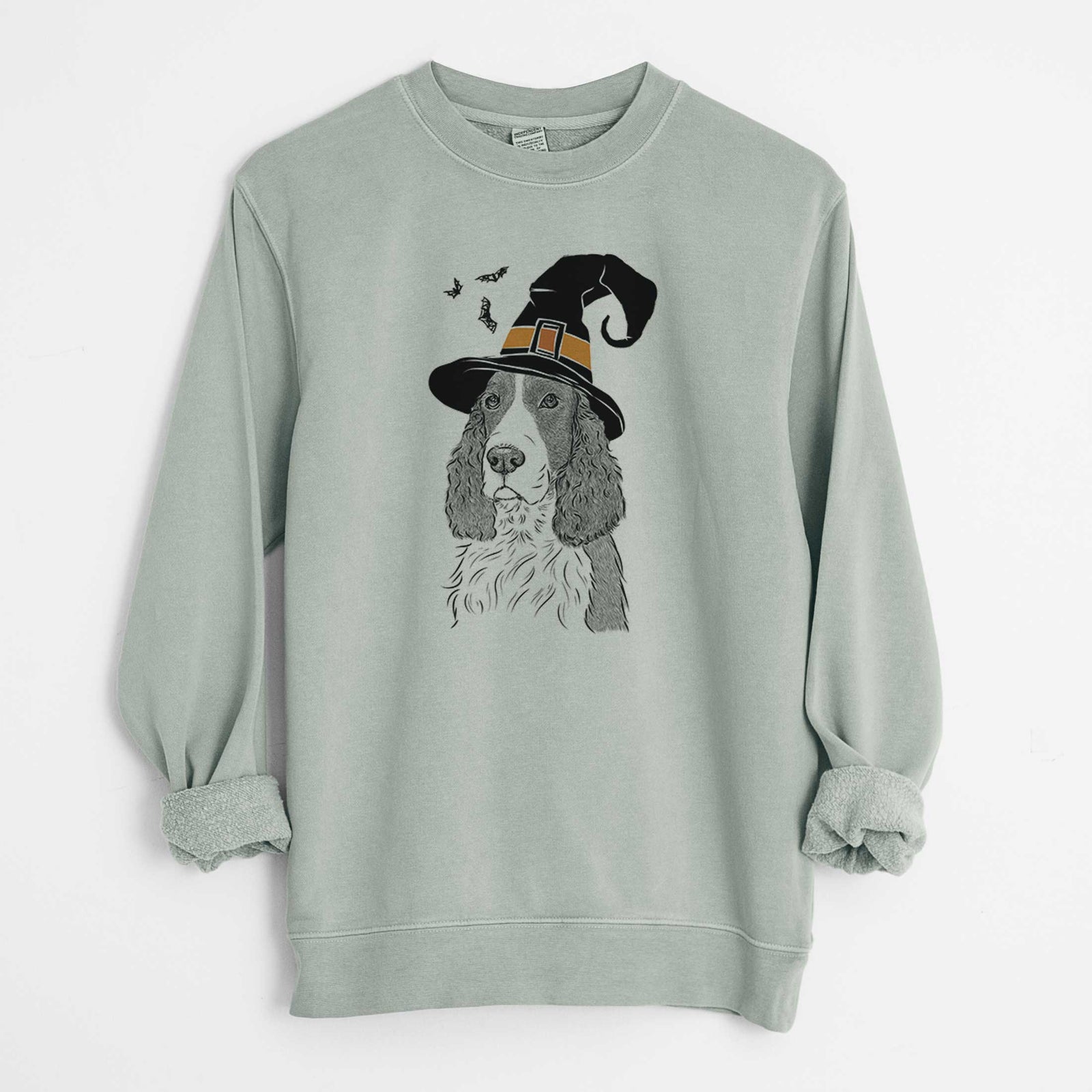 Hand-drawn sketch of Quincy the English Springer Spaniel wearing a witch hat on a Sage Unisex pigment dyed crew sweatshirt