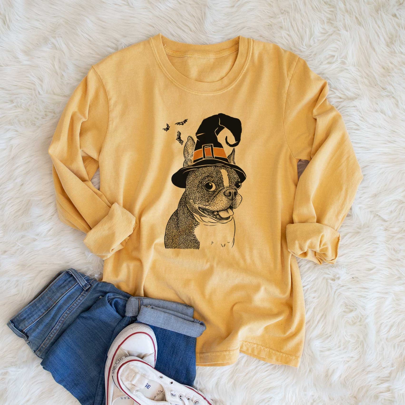 Witch Ralphie the Boston Terrier - Men's Heavyweight 100% Cotton Long Sleeve