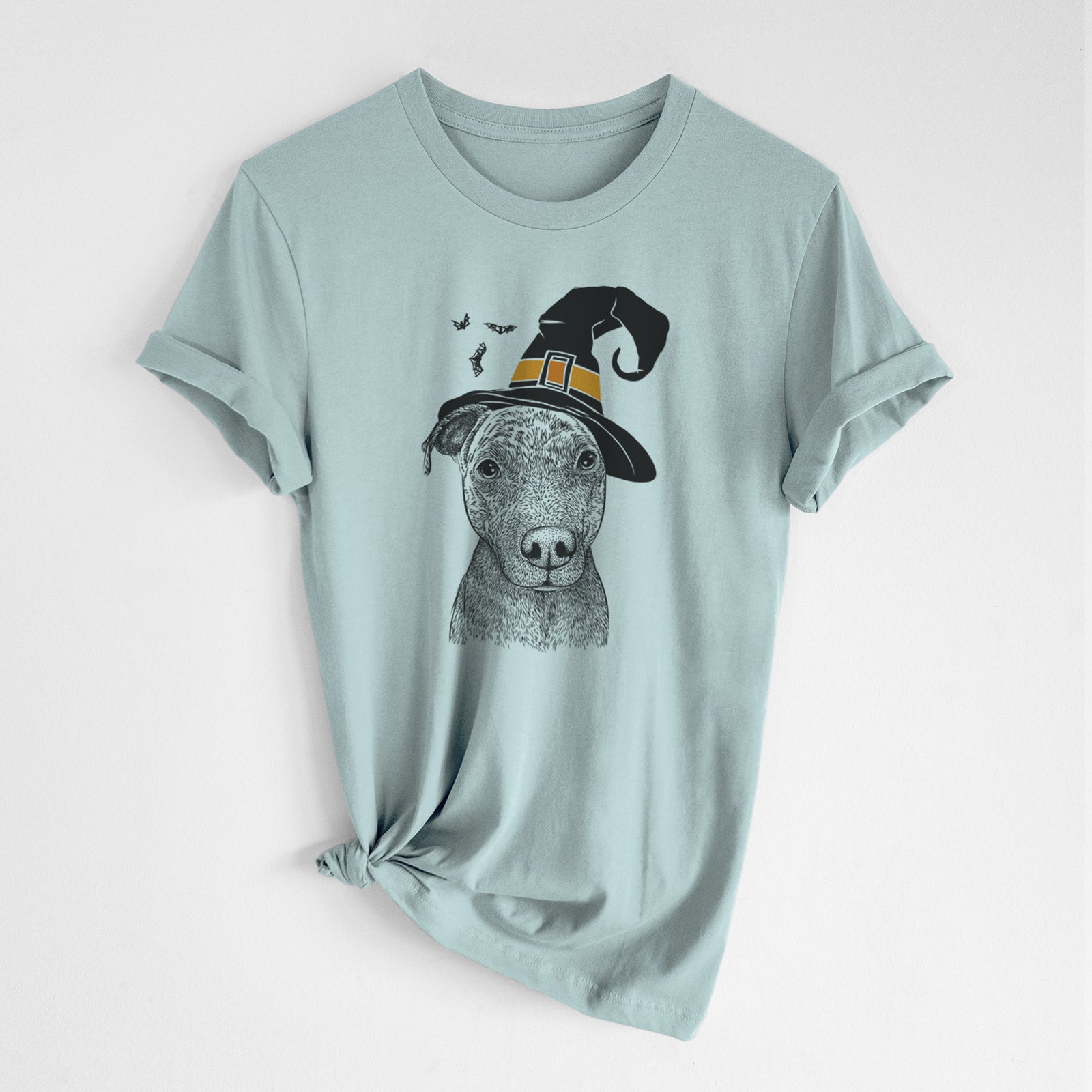 Hand-drawn sketch of Reeses the Pitbull wearing a witch hat on a Dusty Blue Unisex crewneck, worn by a woman