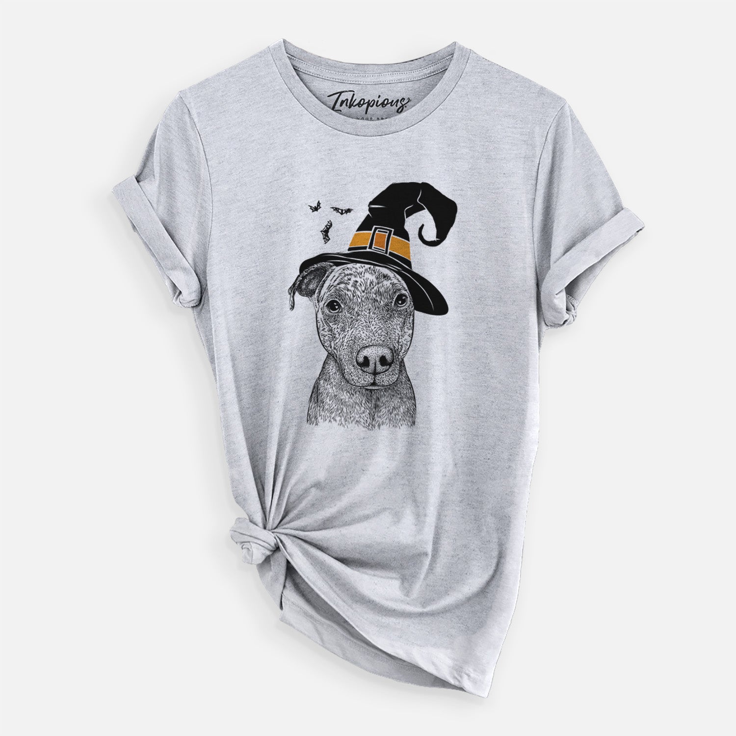 Hand-drawn sketch of Reeses the Pitbull wearing a witch hat on a Grey Unisex crewneck, worn by a woman