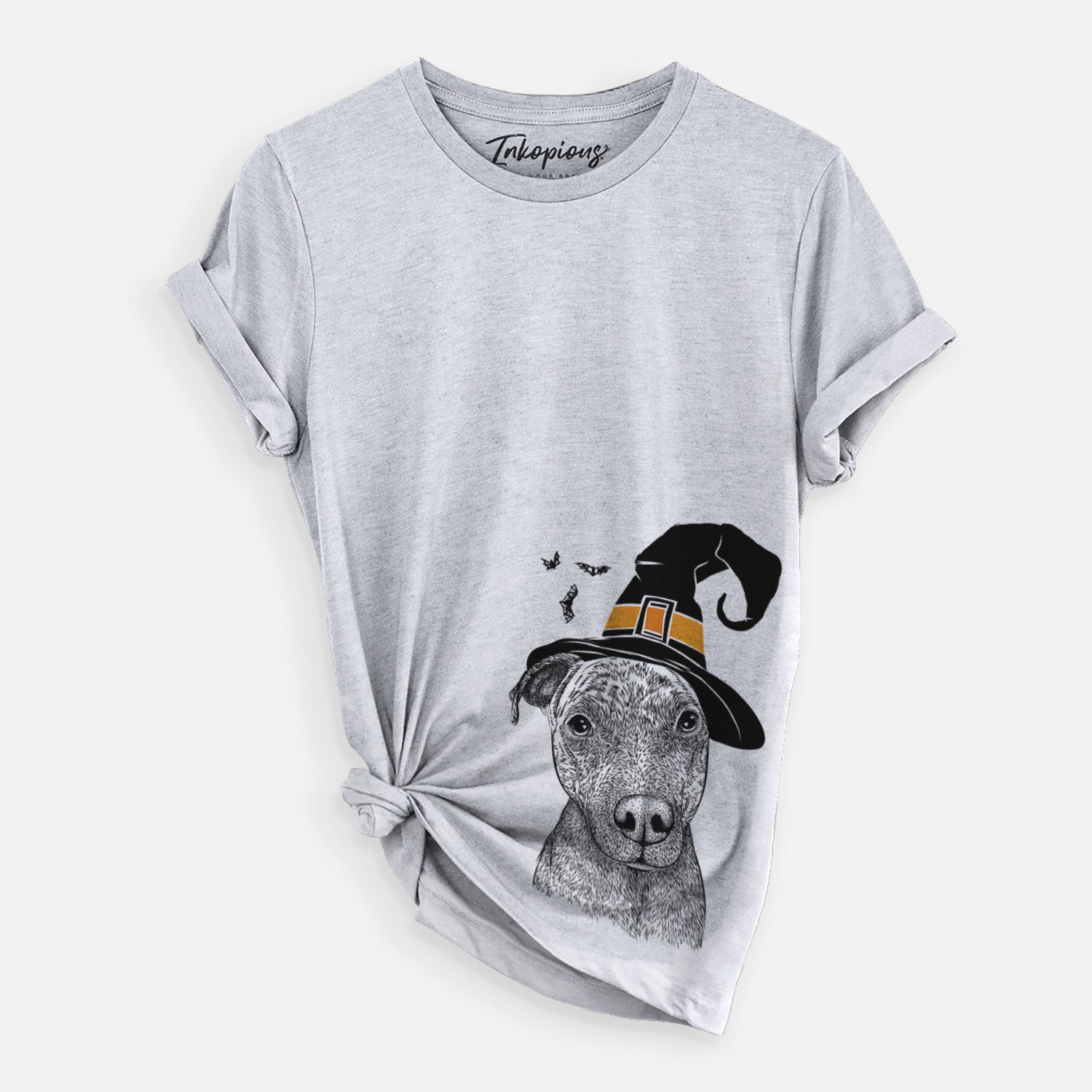Hand-drawn sketch of Reeses the Pitbull wearing a witch hat on a Grey Unisex crewneck, worn by a woman