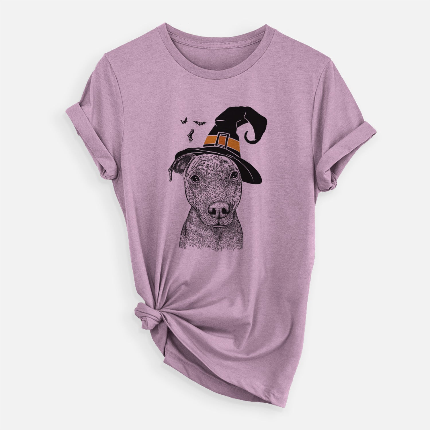 Hand-drawn sketch of Reeses the Pitbull wearing a witch hat on an Orchid Unisex crewneck, worn by a woman