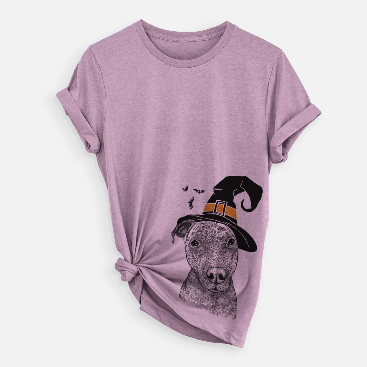 Hand-drawn sketch of Reeses the Pitbull wearing a witch hat on an Orchid Unisex crewneck, worn by a woman