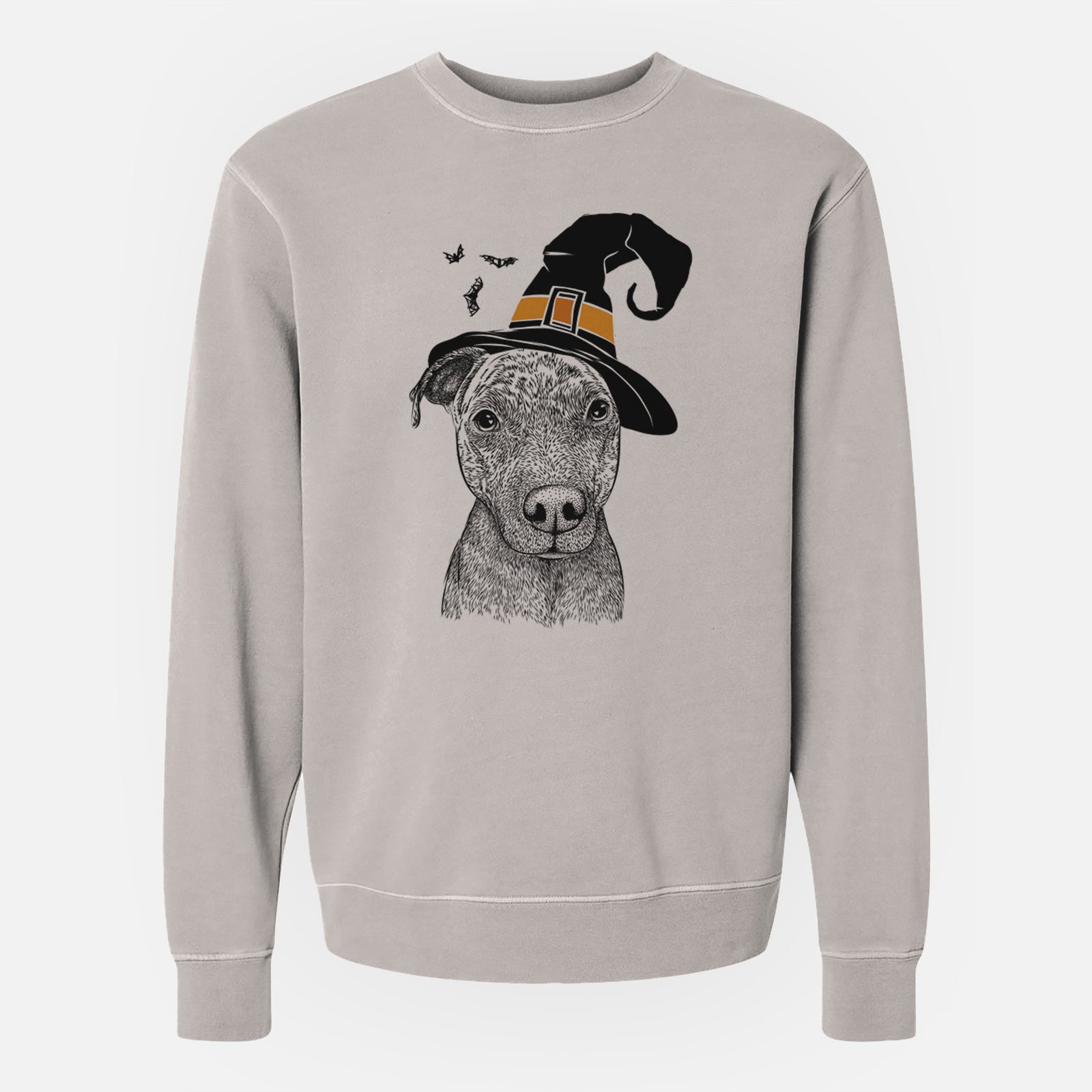 Hand-drawn sketch of Reeses the Pitbull wearing a witch hat on a Cement Unisex pigment dyed crew sweatshirt